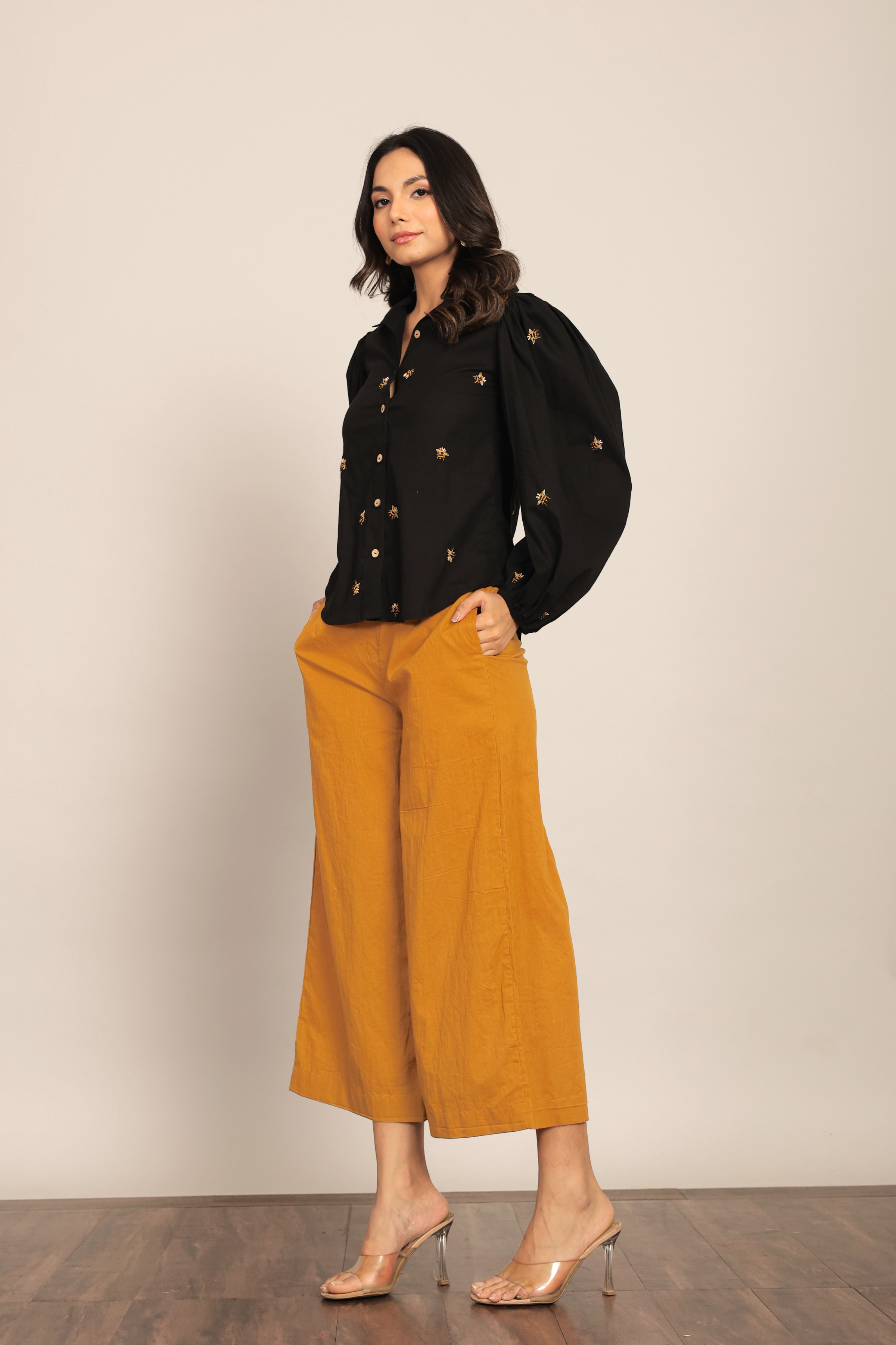 Black Bee Embroidered and Marigold Solid Western Cord-Set Relaxed Shirt and Pant - Kaoribyshreya