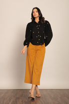 Black Bee Embroidered and Marigold Solid Western Cord-Set Relaxed Shirt and Pant - Kaoribyshreya