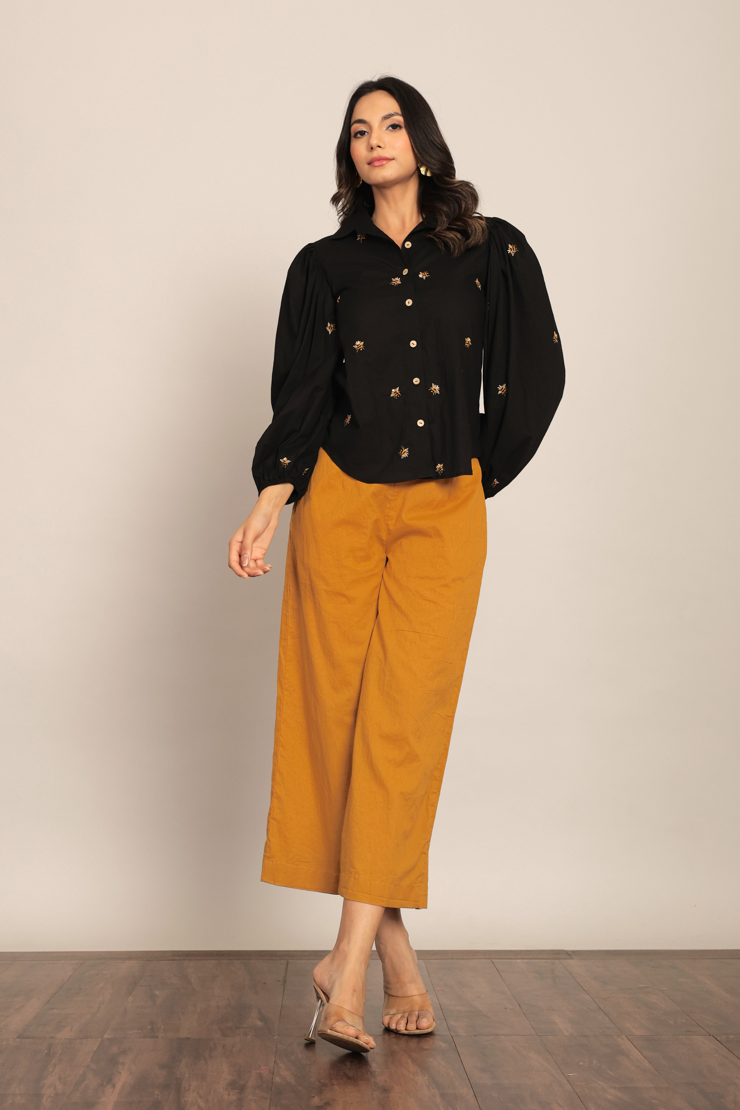 Black Bee Embroidered and Marigold Solid Western Cord-Set Relaxed Shirt and Pant - Kaoribyshreya