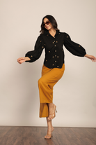 Black Bee Embroidered and Marigold Solid Western Cord-Set Relaxed Shirt and Pant - Kaoribyshreya