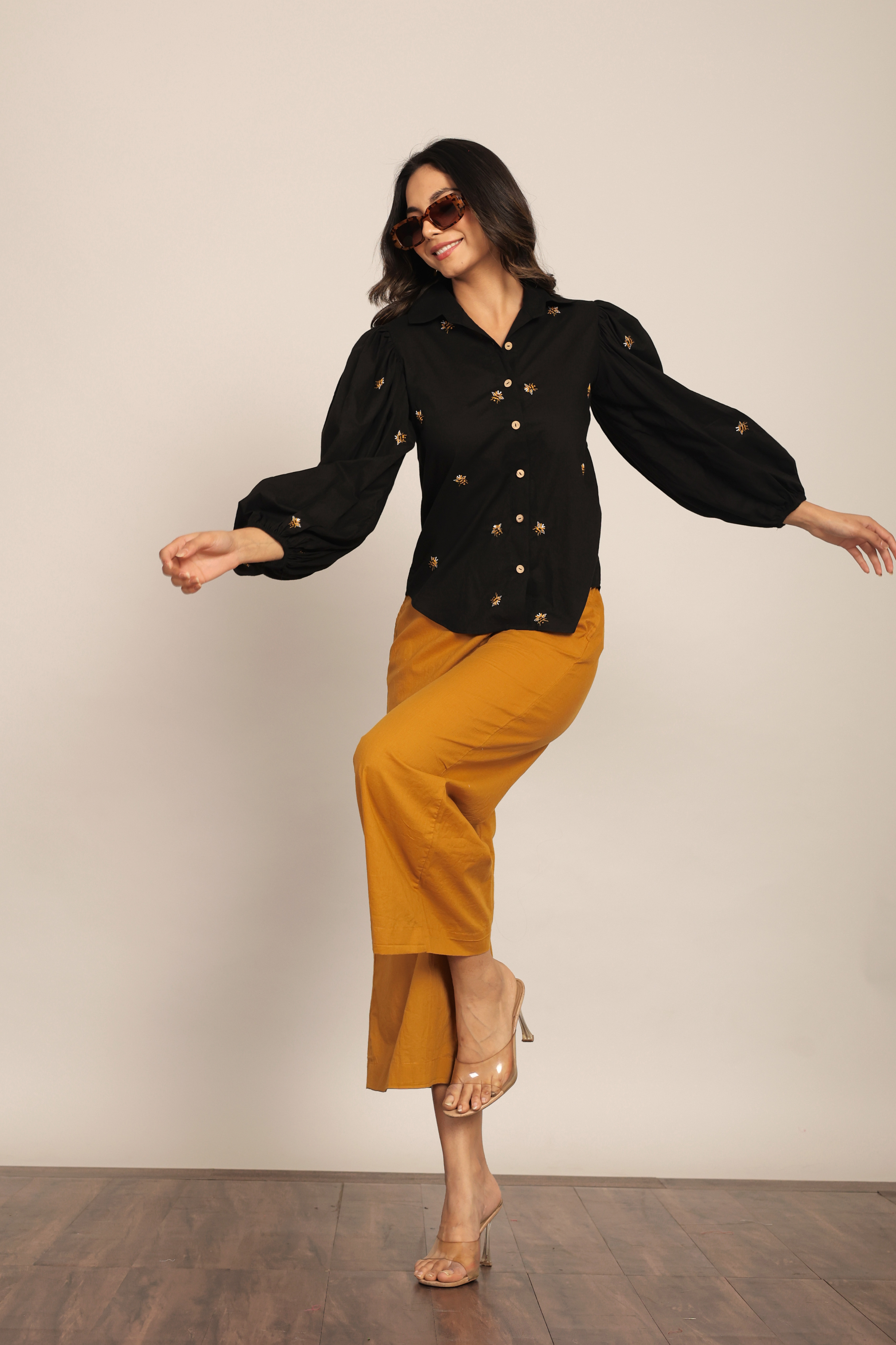 Black Bee Embroidered and Marigold Solid Western Cord-Set Relaxed Shirt and Pant - Kaoribyshreya