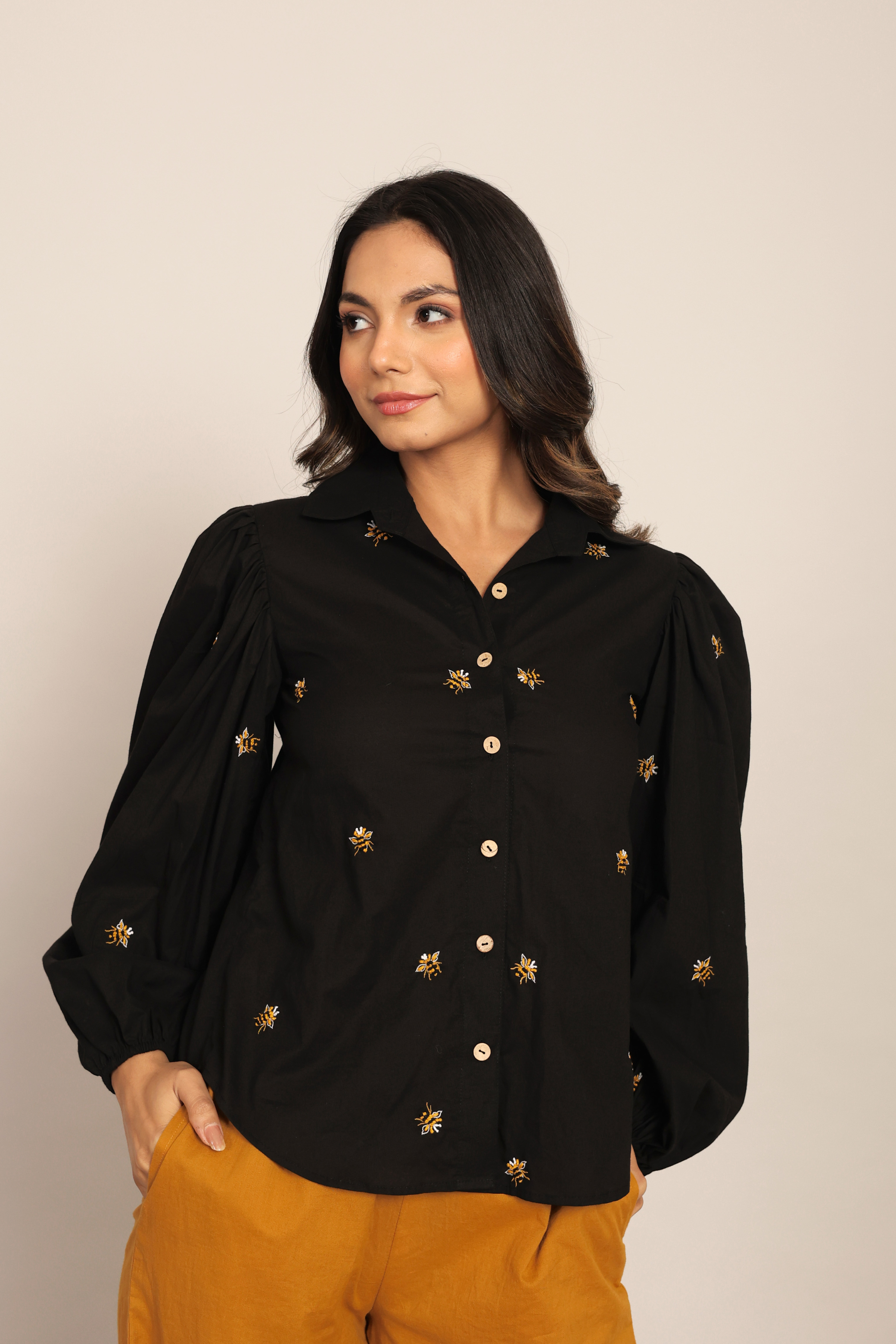 Black Bee Embroidered and Marigold Solid Western Cord-Set Relaxed Shirt and Pant - Kaoribyshreya