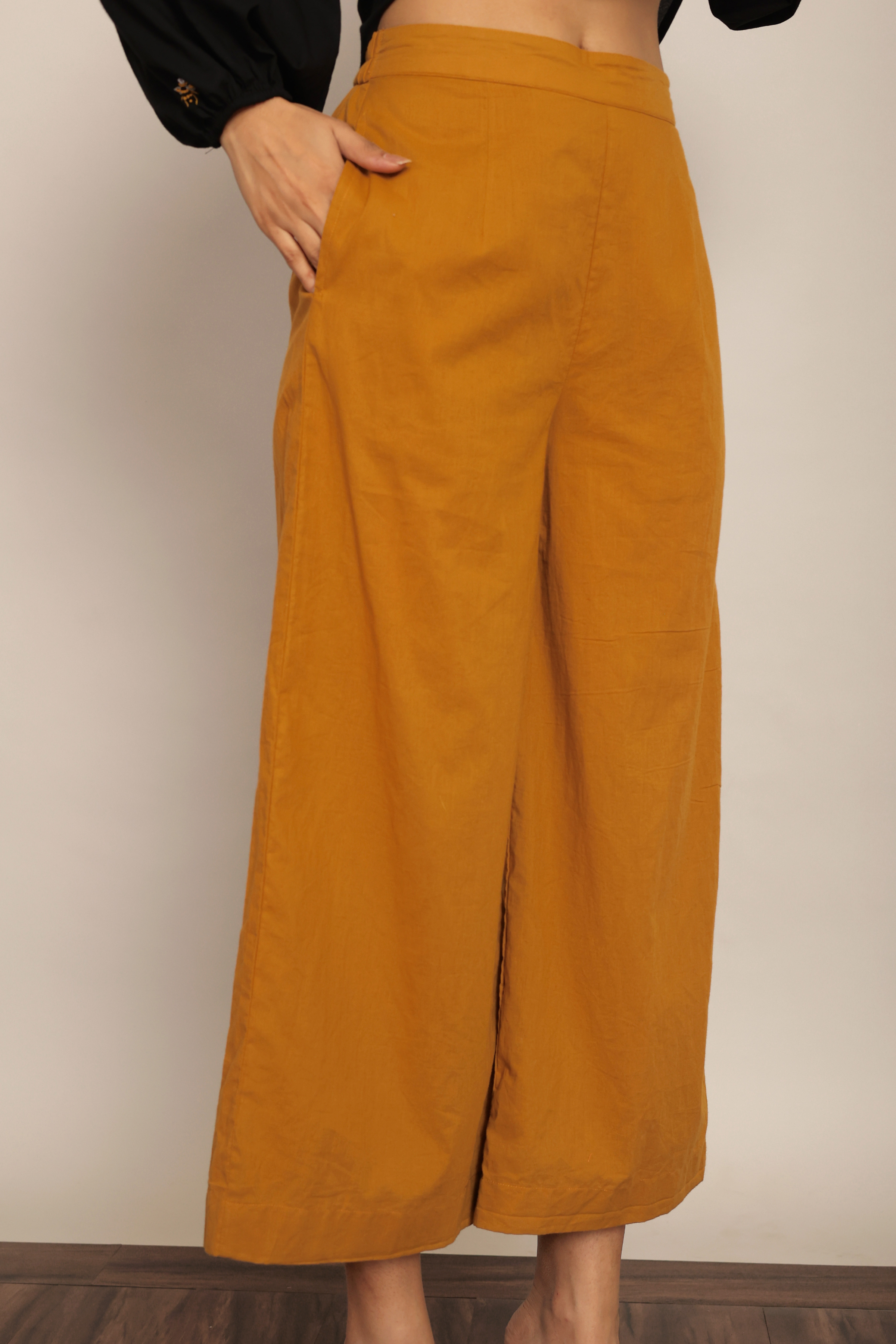 Black Bee Embroidered and Marigold Solid Western Cord-Set Relaxed Shirt and Pant - Kaoribyshreya
