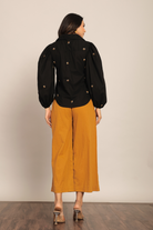 Black Bee Embroidered and Marigold Solid Western Cord-Set Relaxed Shirt and Pant - Kaoribyshreya