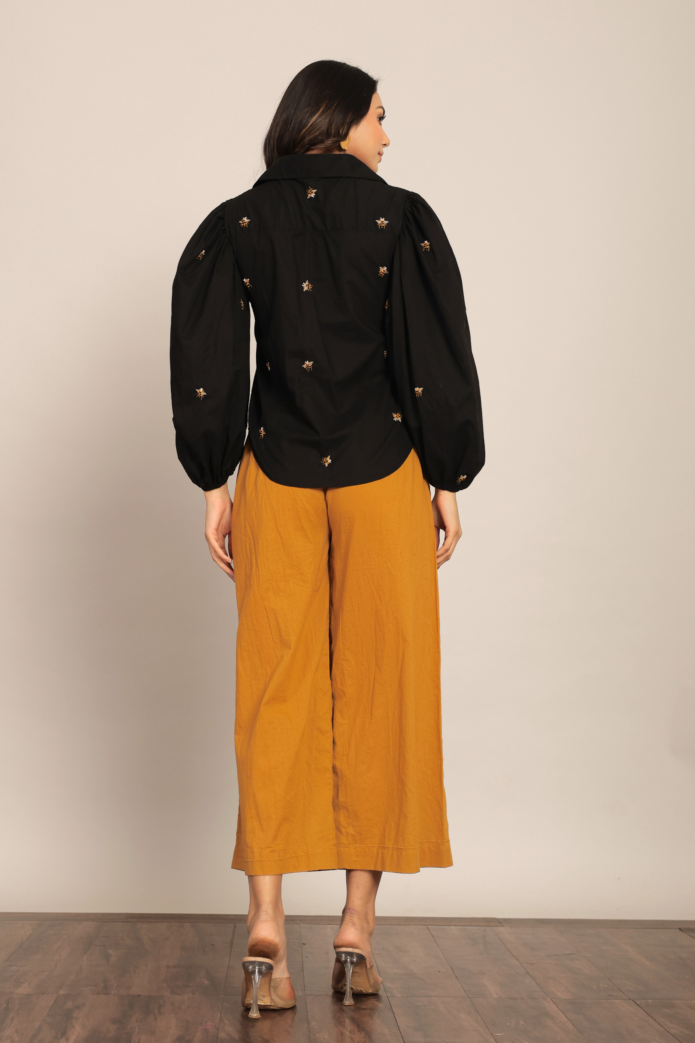 Black Bee Embroidered and Marigold Solid Western Cord-Set Relaxed Shirt and Pant - Kaoribyshreya