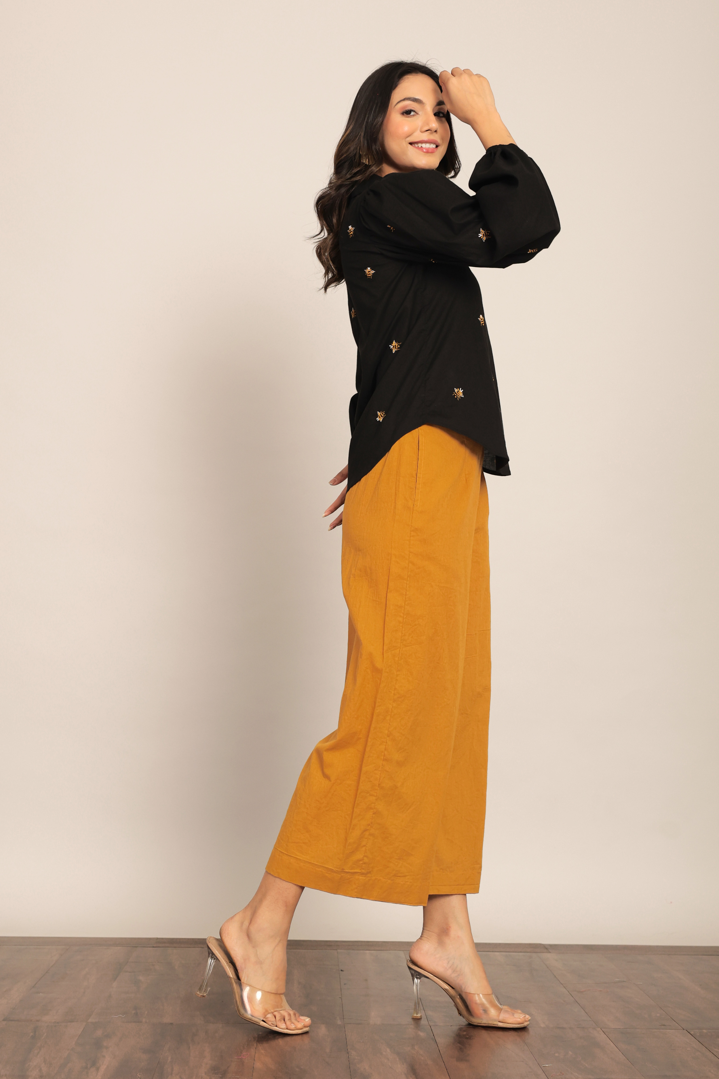 Black Bee Embroidered and Marigold Solid Western Cord-Set Relaxed Shirt and Pant - Kaoribyshreya