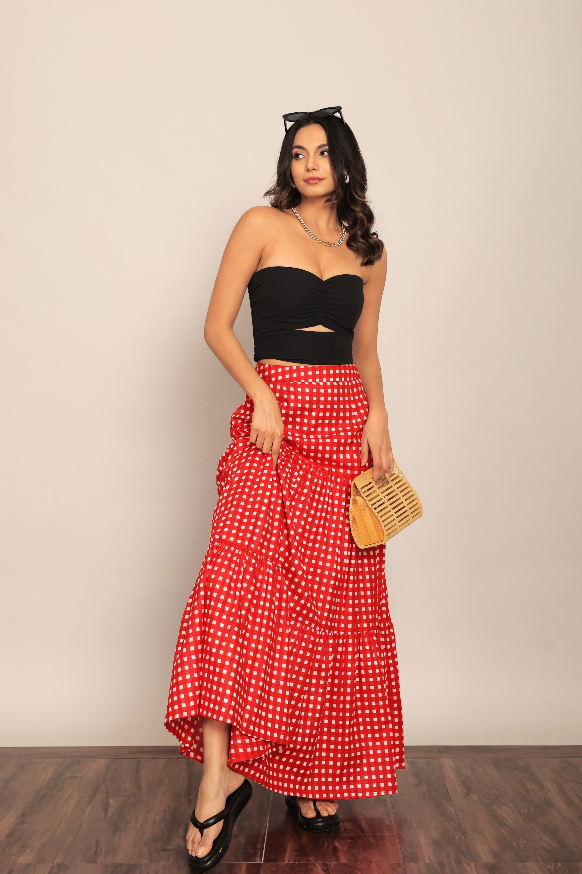 Black and Red Western Cord-Set - Bust Fitted Top and Relaxed Skirt - Kaoribyshreya