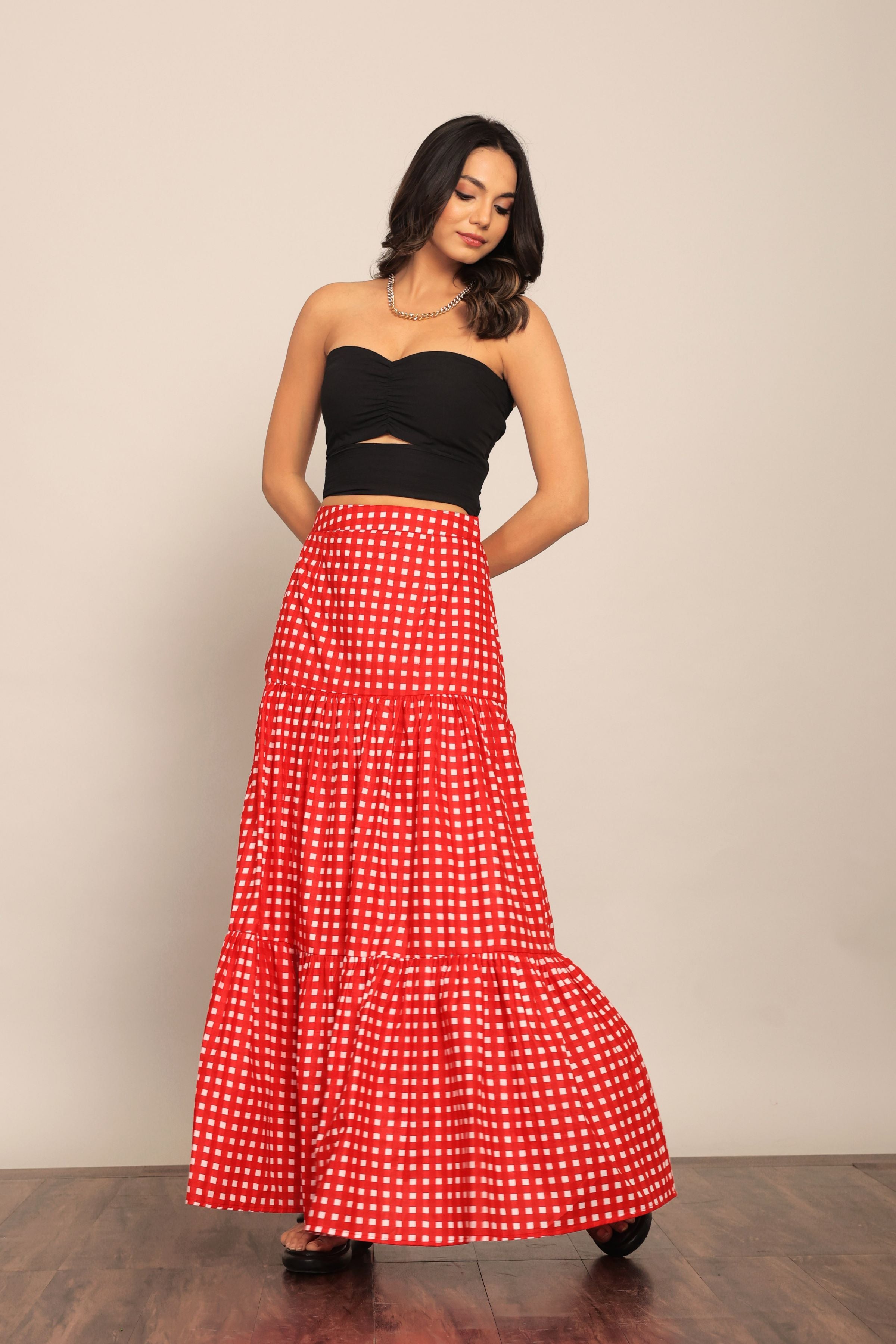 Black and Red Western Cord-Set - Bust Fitted Top and Relaxed Skirt - Kaoribyshreya