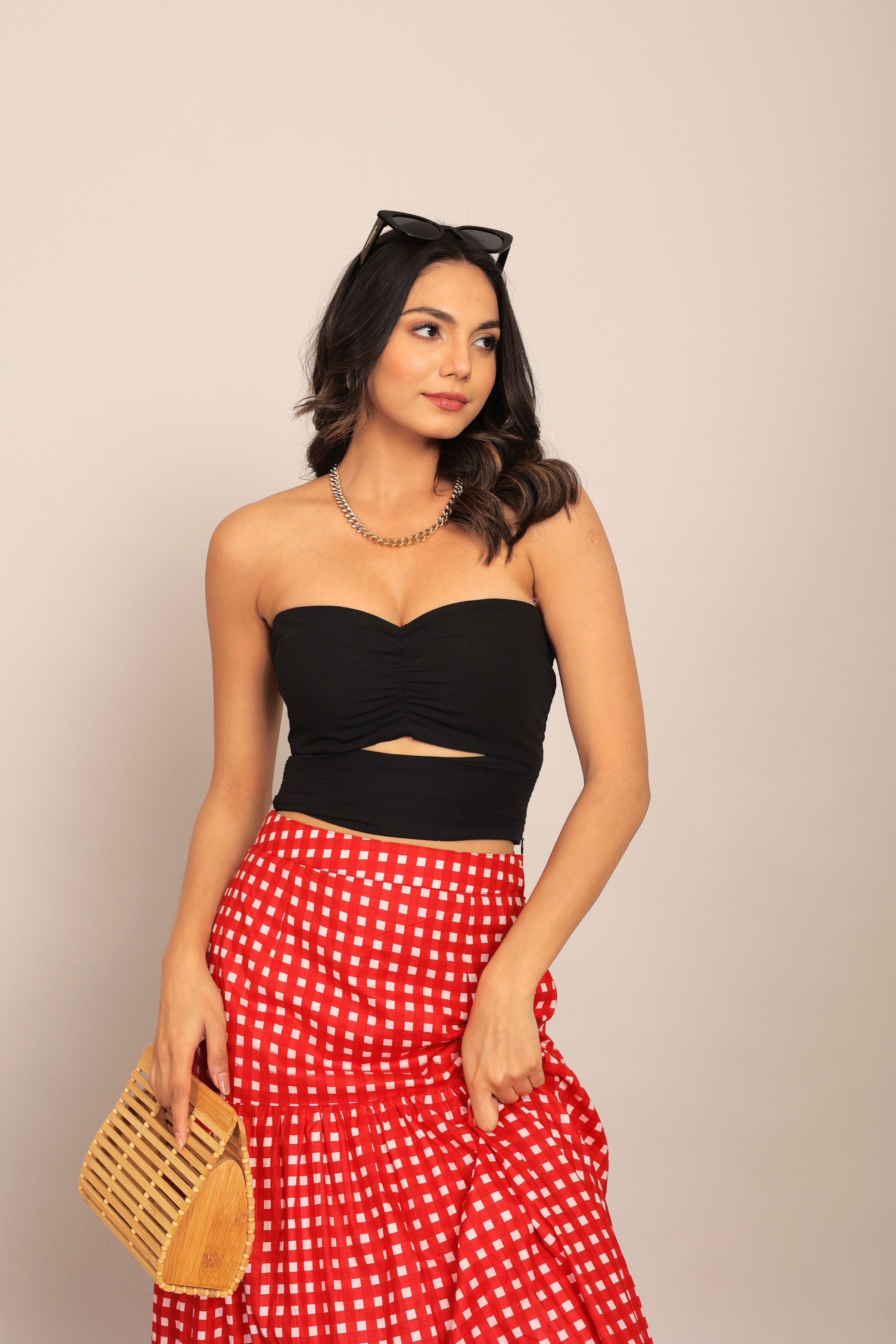 Black and Red Western Cord-Set - Bust Fitted Top and Relaxed Skirt - Kaoribyshreya