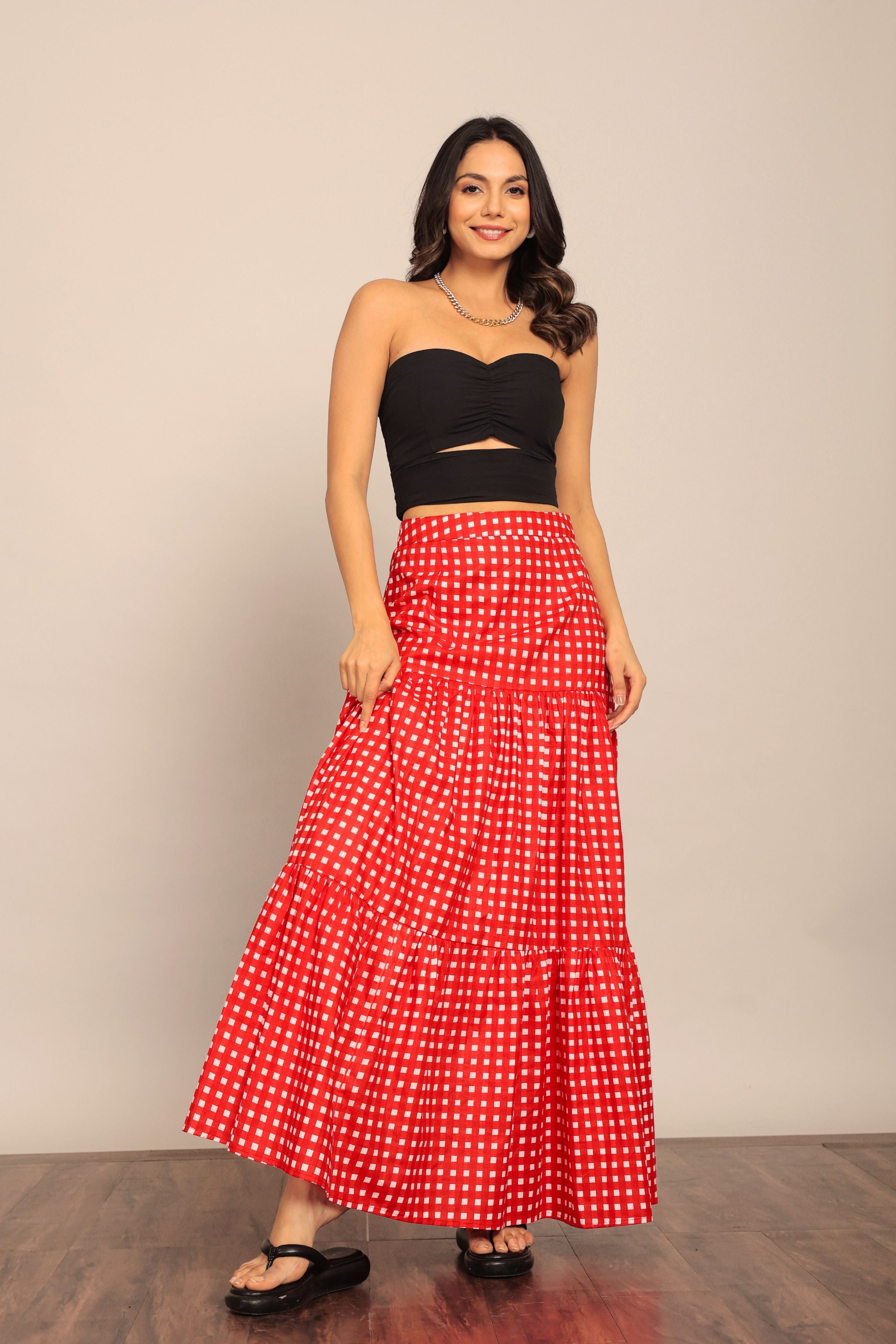 Black and Red Western Cord-Set - Bust Fitted Top and Relaxed Skirt - Kaoribyshreya