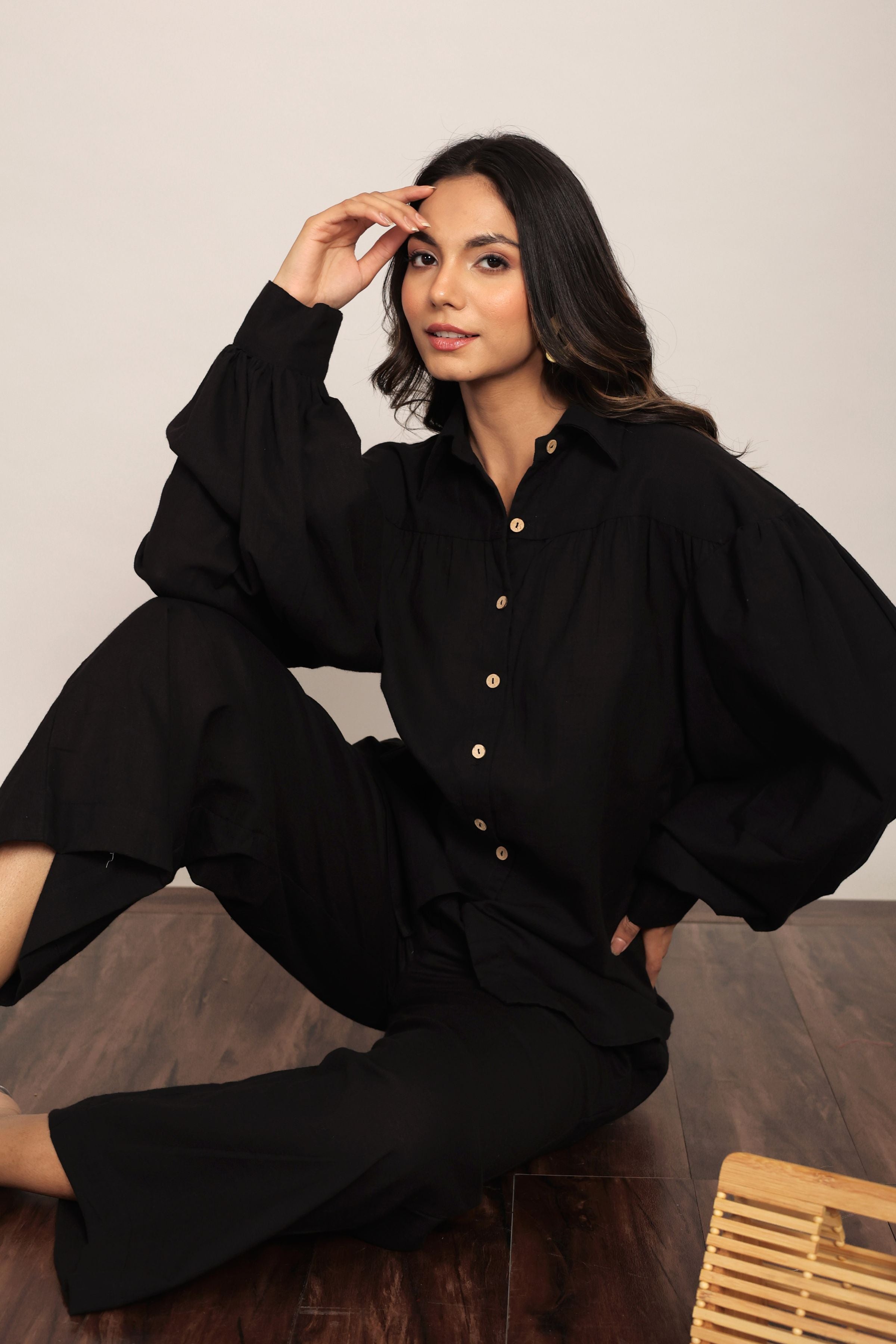 Black Solid Western Cord-Set Relaxed Shirt and Pant - Kaoribyshreya