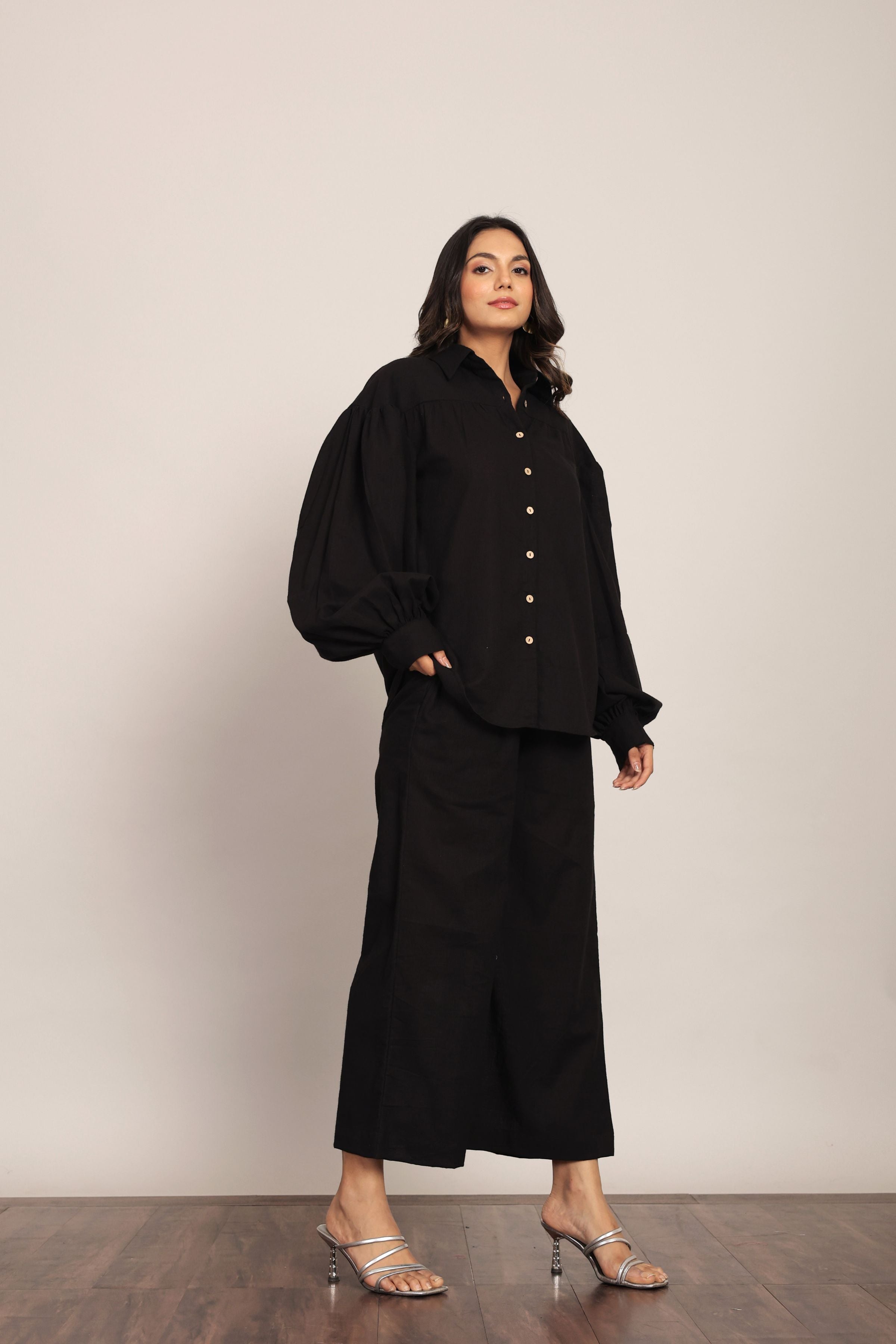 Black Solid Western Cord-Set Relaxed Shirt and Pant - Kaoribyshreya