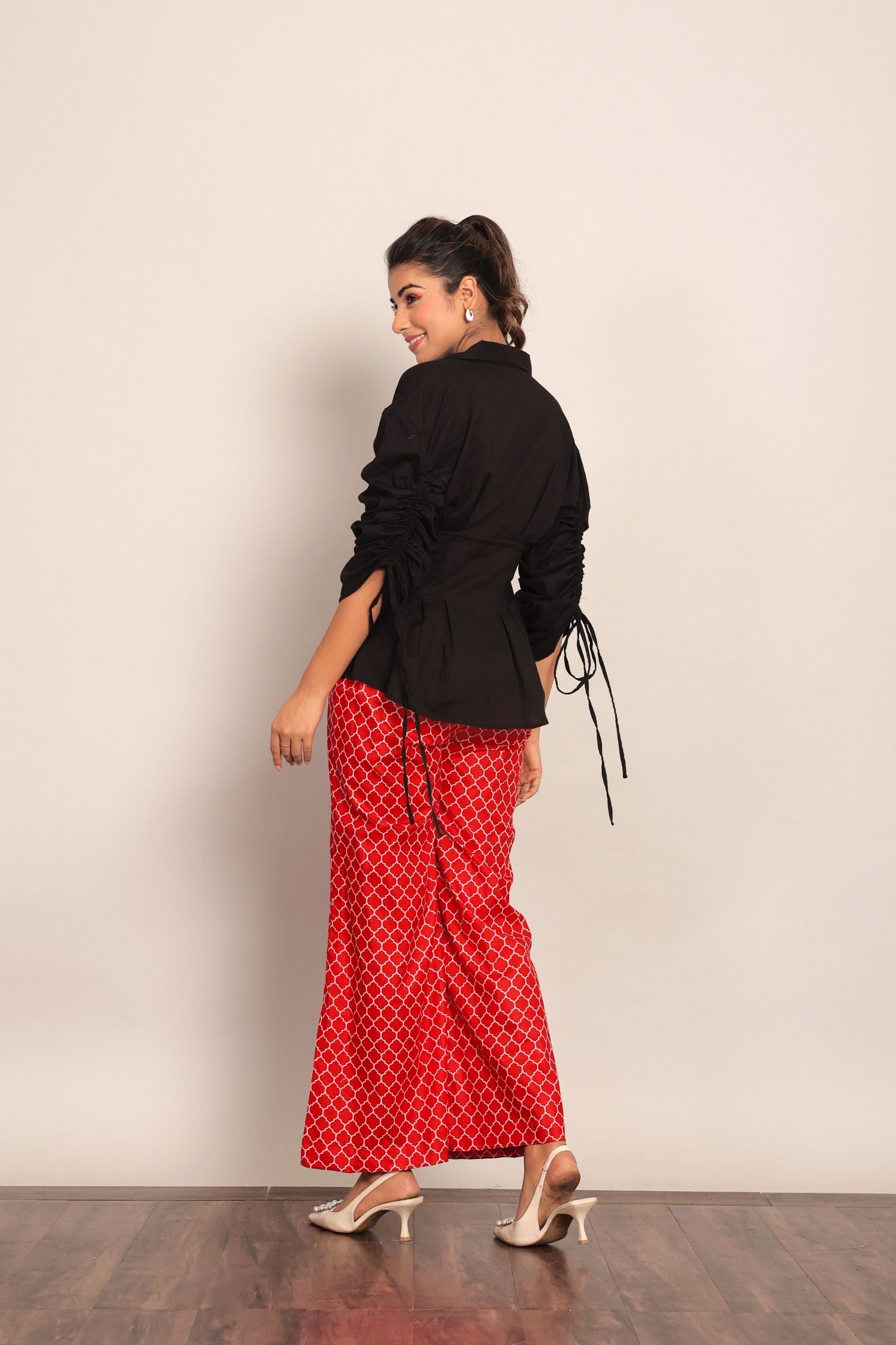 Black and Red Printed Western Cord-Set Relaxed Shirt and Pant - Kaoribyshreya