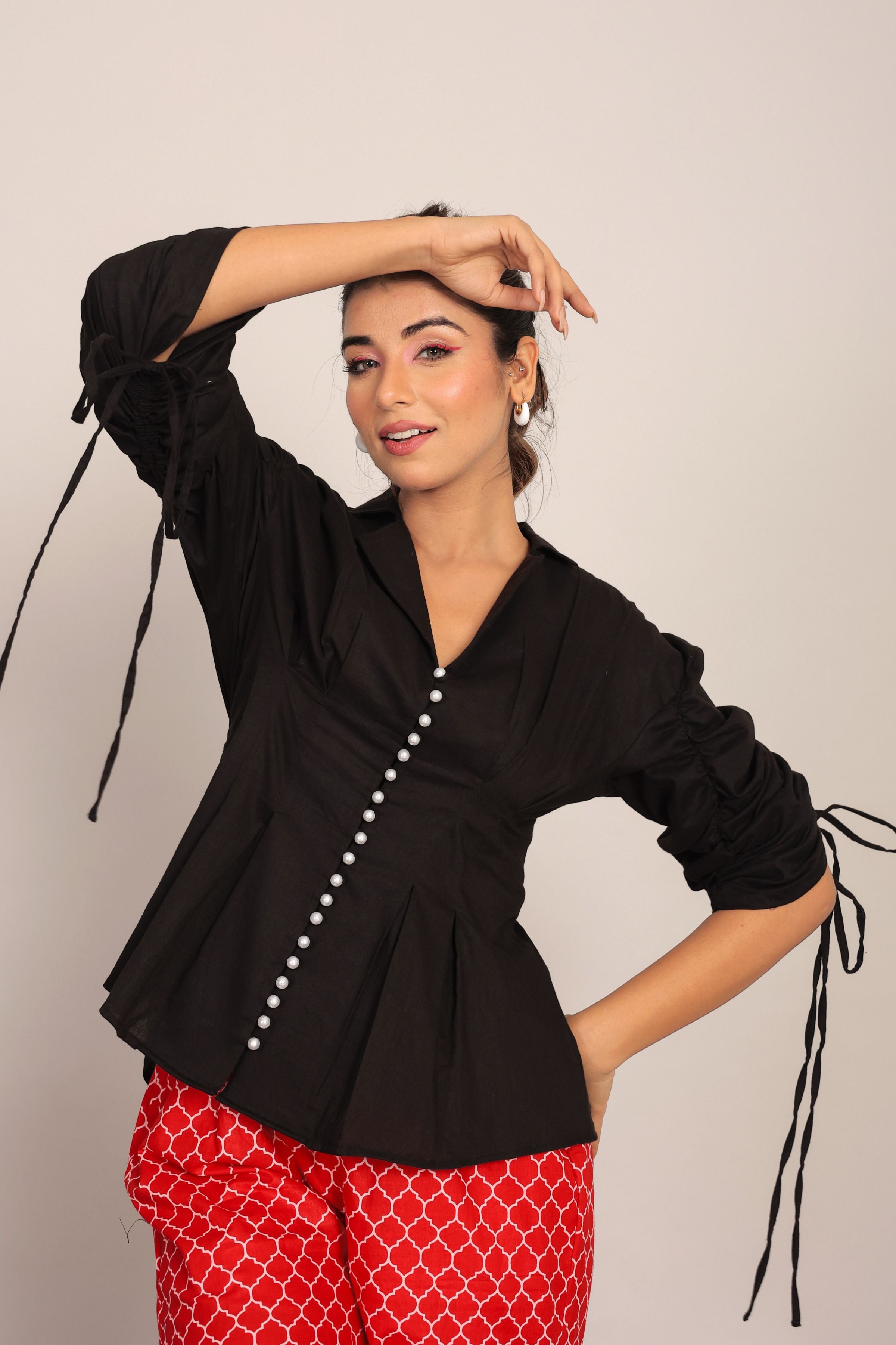 Black and Red Printed Western Cord-Set Relaxed Shirt and Pant - Kaoribyshreya