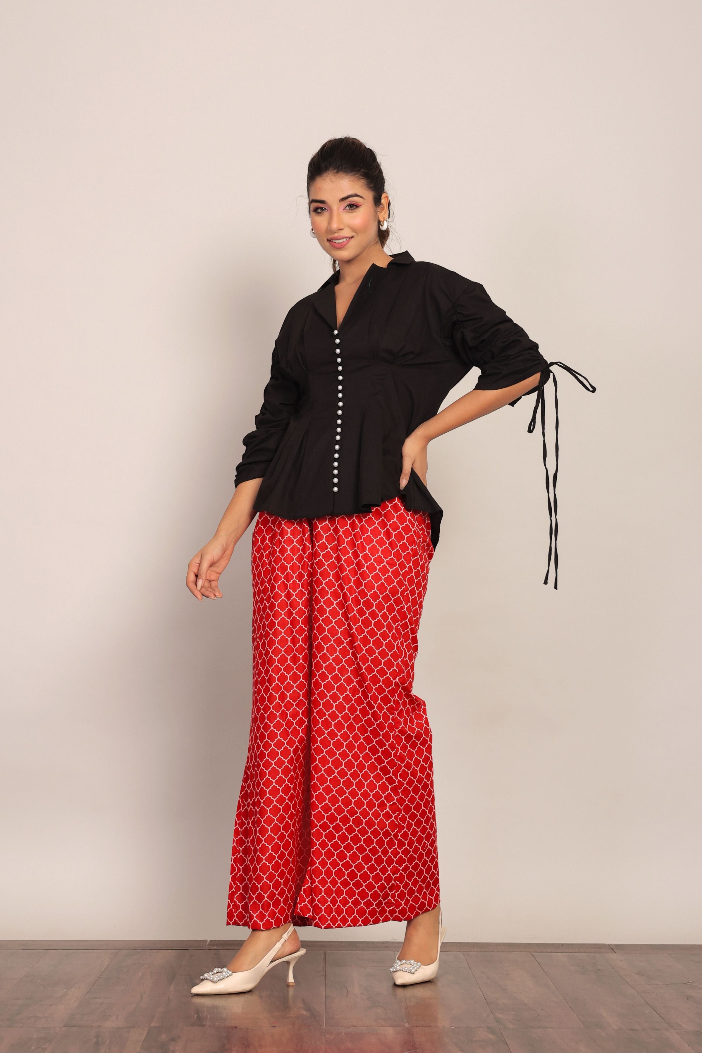 Black and Red Printed Western Cord-Set Relaxed Shirt and Pant - Kaoribyshreya