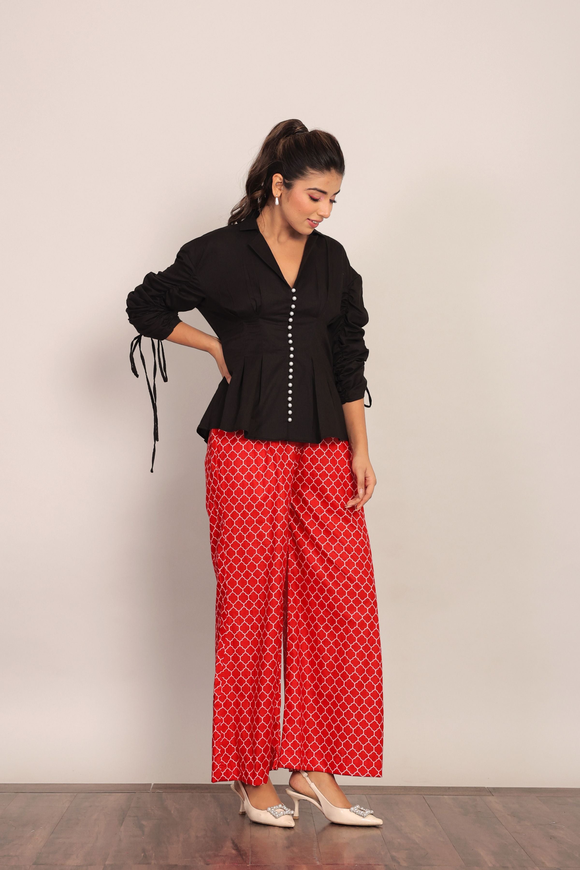 Black and Red Printed Western Cord-Set Relaxed Shirt and Pant - Kaoribyshreya