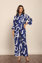 Blue and White Cord-Set Relaxed Shirt and Pant with Collar and Closer 6 Buttons - Kaoribyshreya