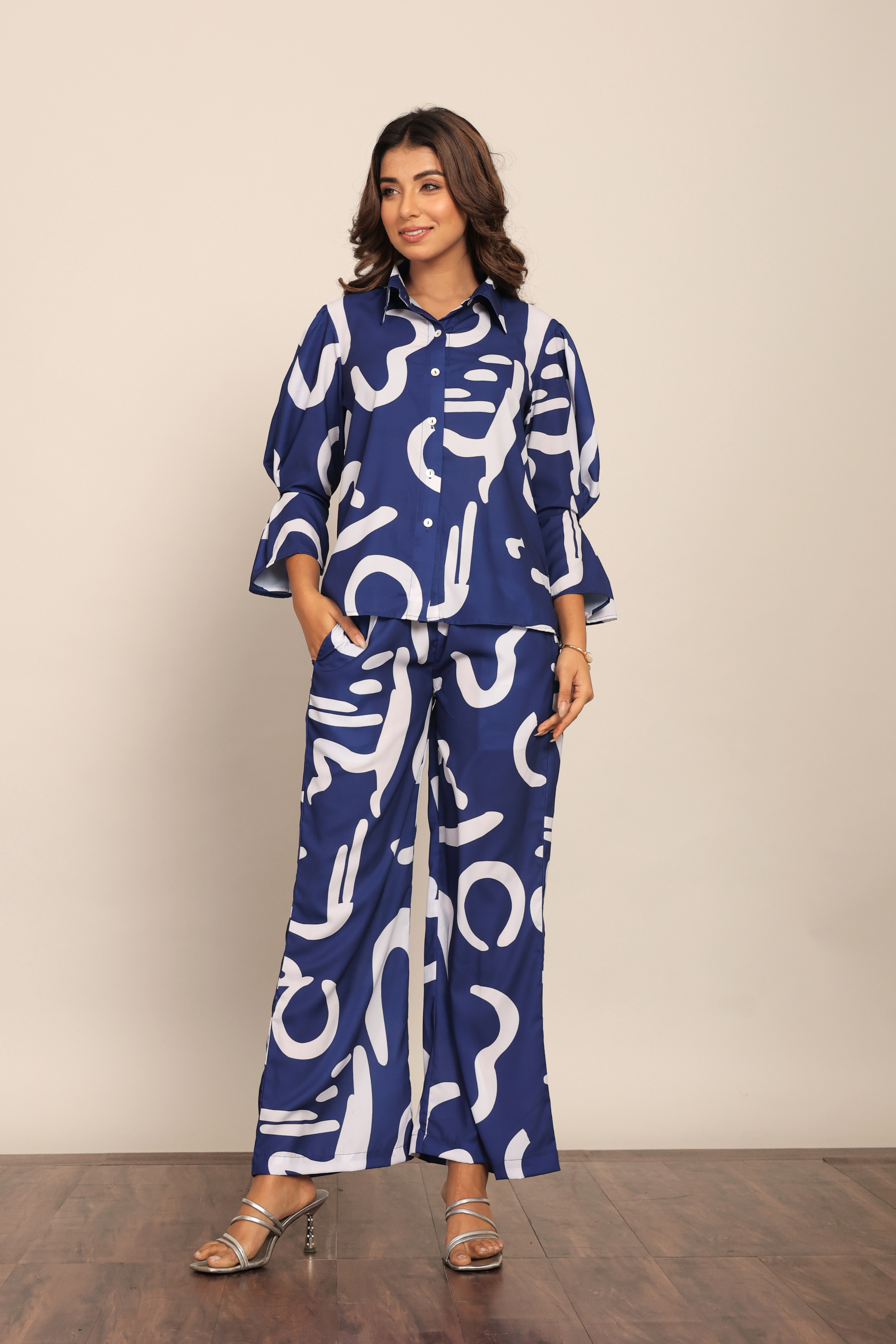 Blue and White Cord-Set Relaxed Shirt and Pant with Collar and Closer 6 Buttons - Kaoribyshreya