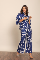 Blue and White Cord-Set Relaxed Shirt and Pant with Collar and Closer 6 Buttons - Kaoribyshreya