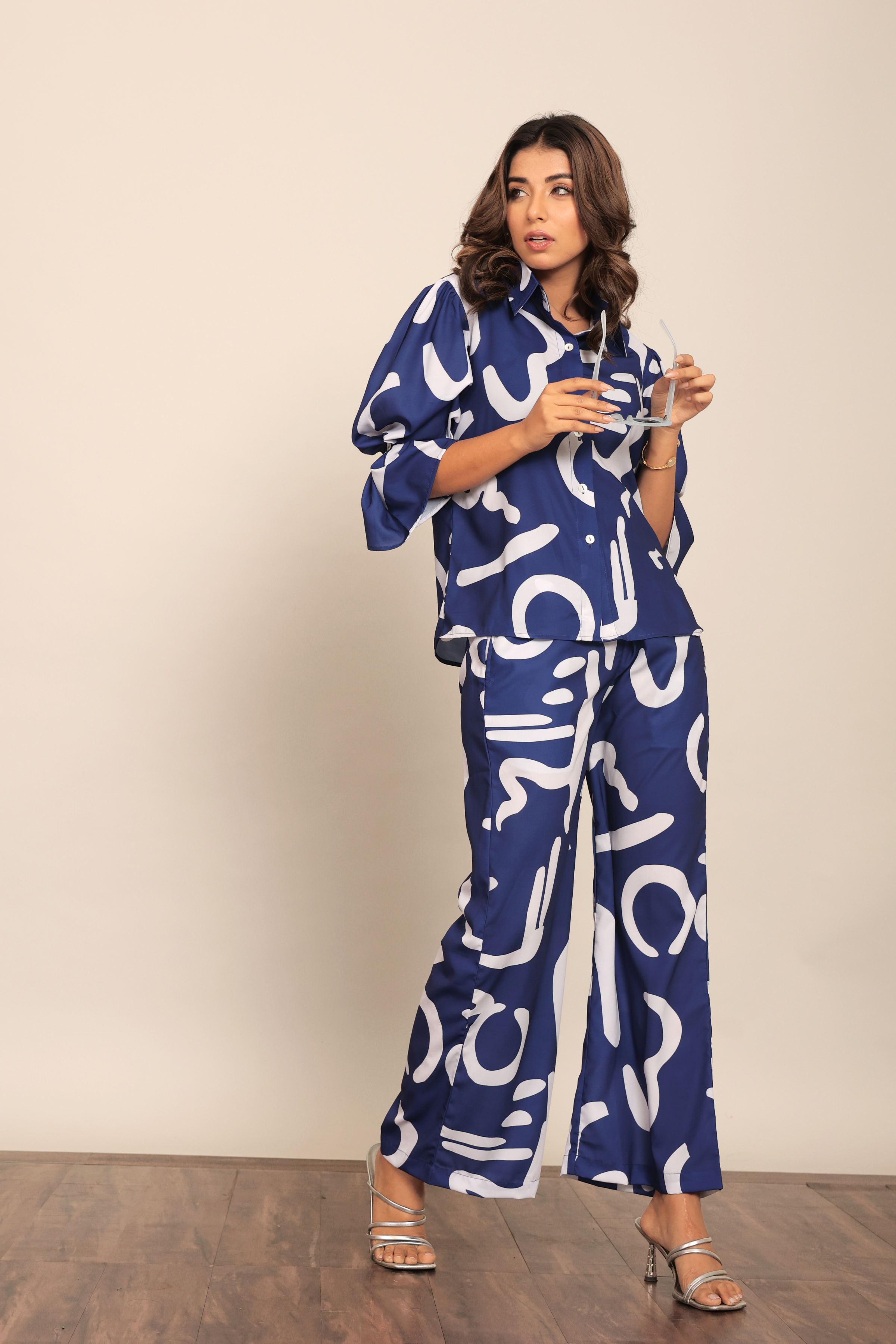 Blue and White Cord-Set Relaxed Shirt and Pant with Collar and Closer 6 Buttons - Kaoribyshreya