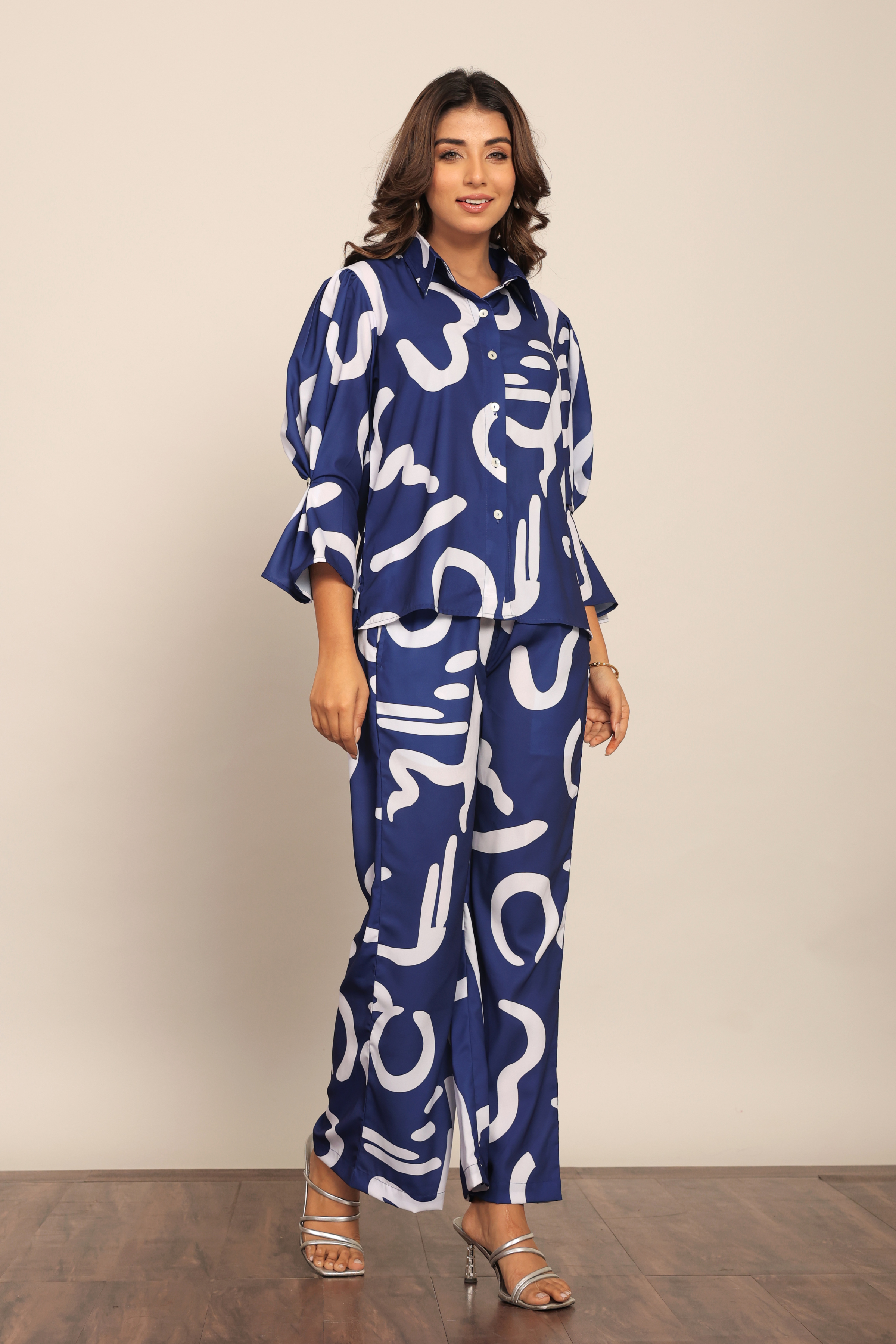 Blue and White Cord-Set Relaxed Shirt and Pant with Collar and Closer 6 Buttons - Kaoribyshreya