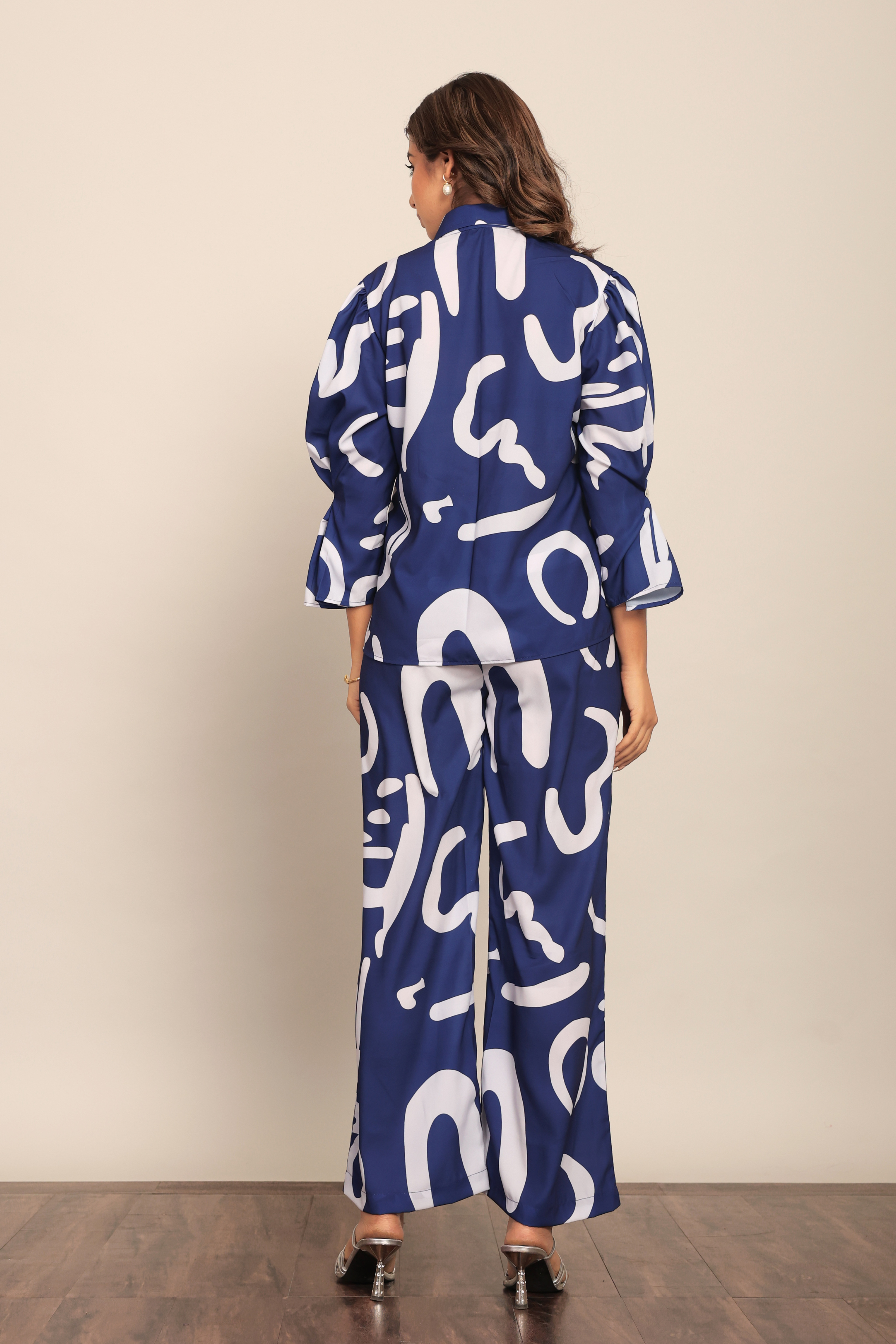 Blue and White Cord-Set Relaxed Shirt and Pant with Collar and Closer 6 Buttons - Kaoribyshreya