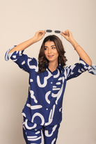 Blue and White Cord-Set Relaxed Shirt and Pant with Collar and Closer 6 Buttons - Kaoribyshreya