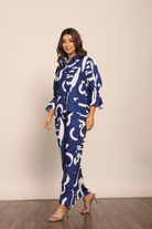 Blue and White Cord-Set Relaxed Shirt and Pant with Collar and Closer 6 Buttons - Kaoribyshreya
