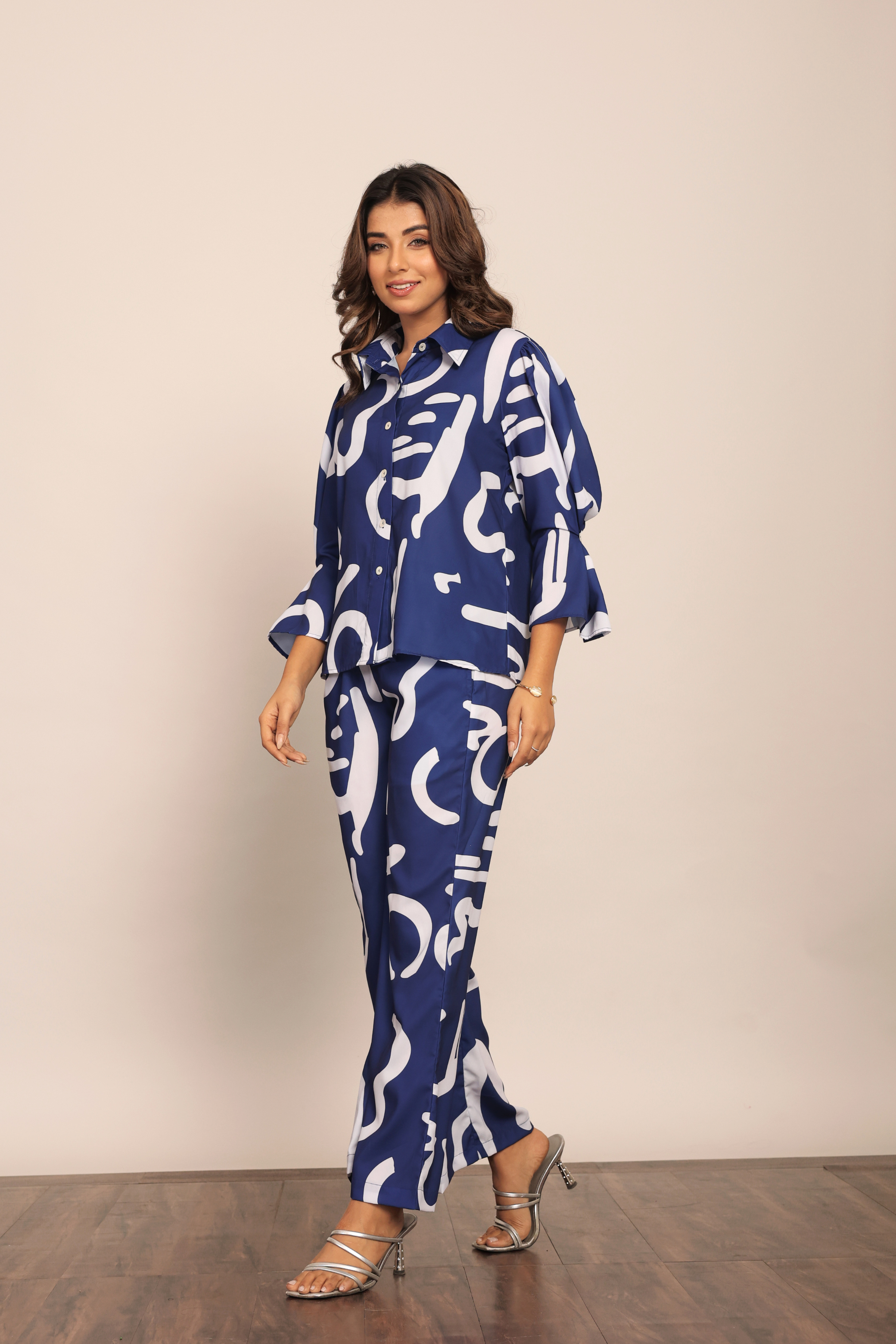 Blue and White Cord-Set Relaxed Shirt and Pant with Collar and Closer 6 Buttons - Kaoribyshreya