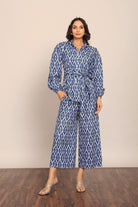 Blue and White Cord-Set Relaxed Shirt and Pant with Waist Tie Up Belt - Kaoribyshreya