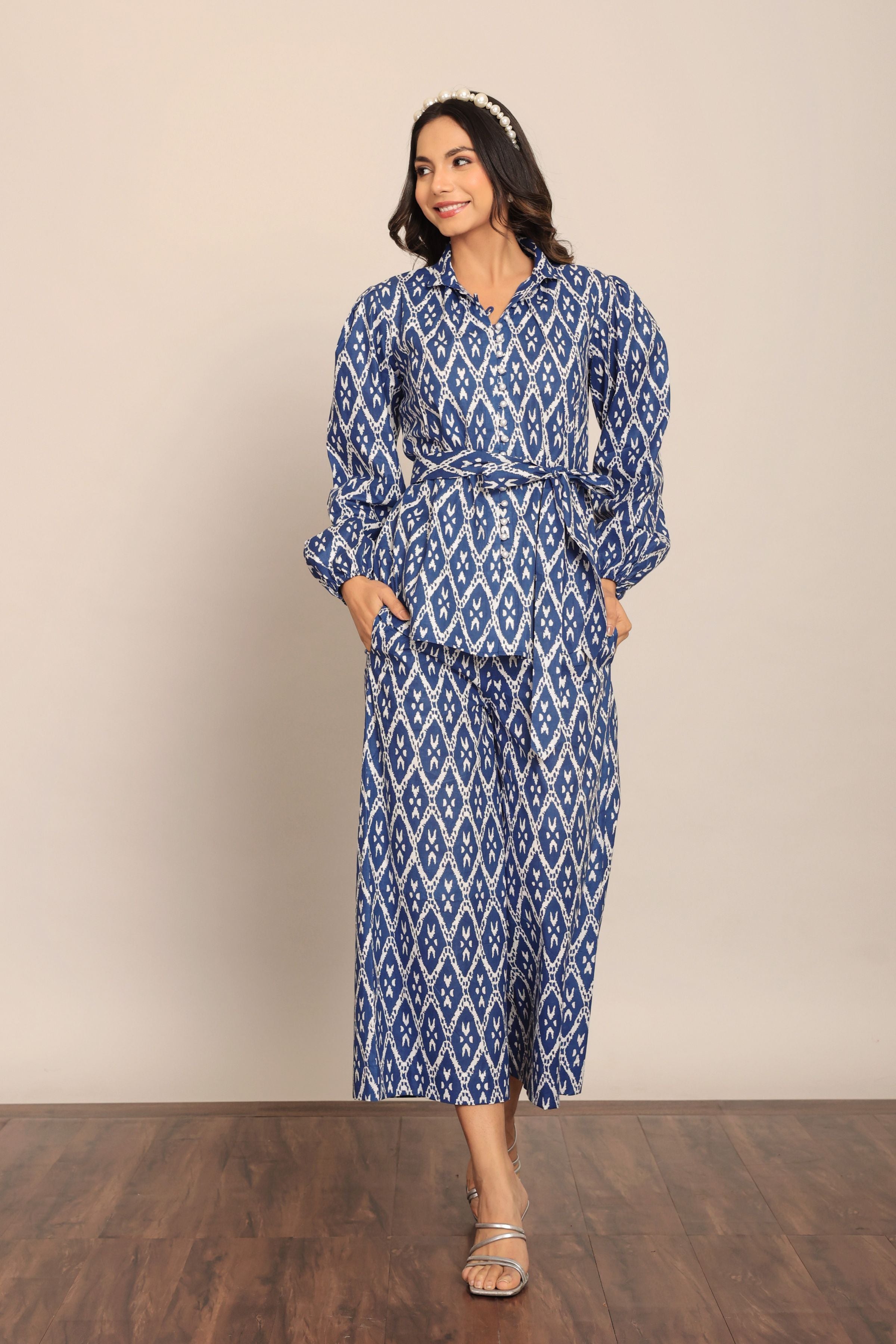 Blue and White Cord-Set Relaxed Shirt and Pant with Waist Tie Up Belt - Kaoribyshreya