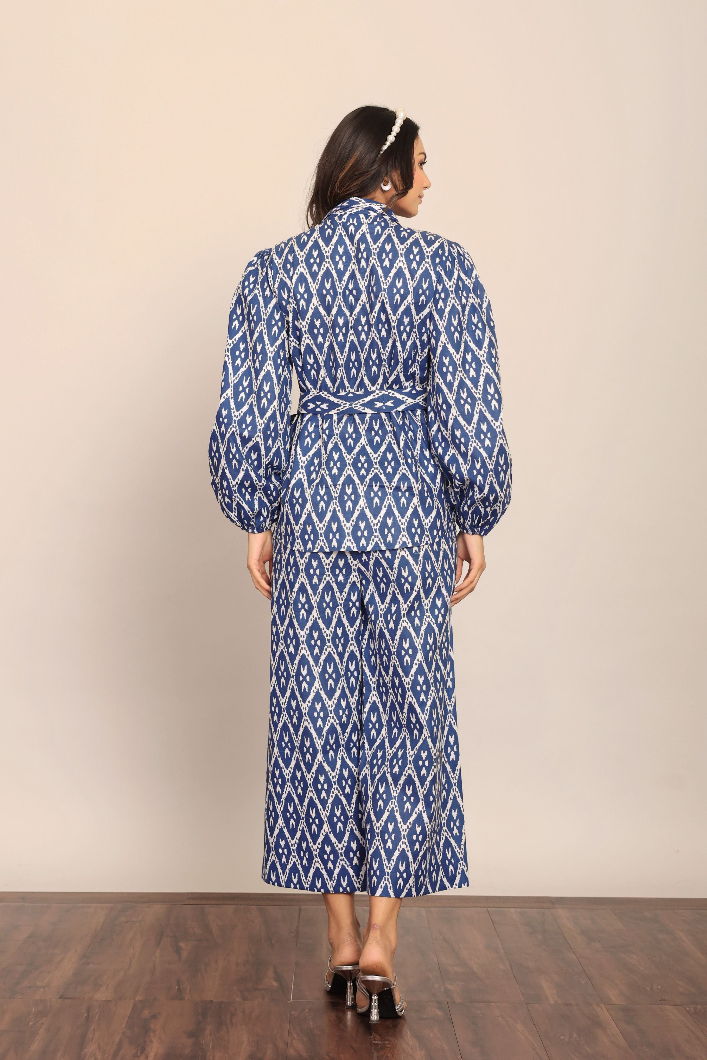 Blue and White Cord-Set Relaxed Shirt and Pant with Waist Tie Up Belt - Kaoribyshreya