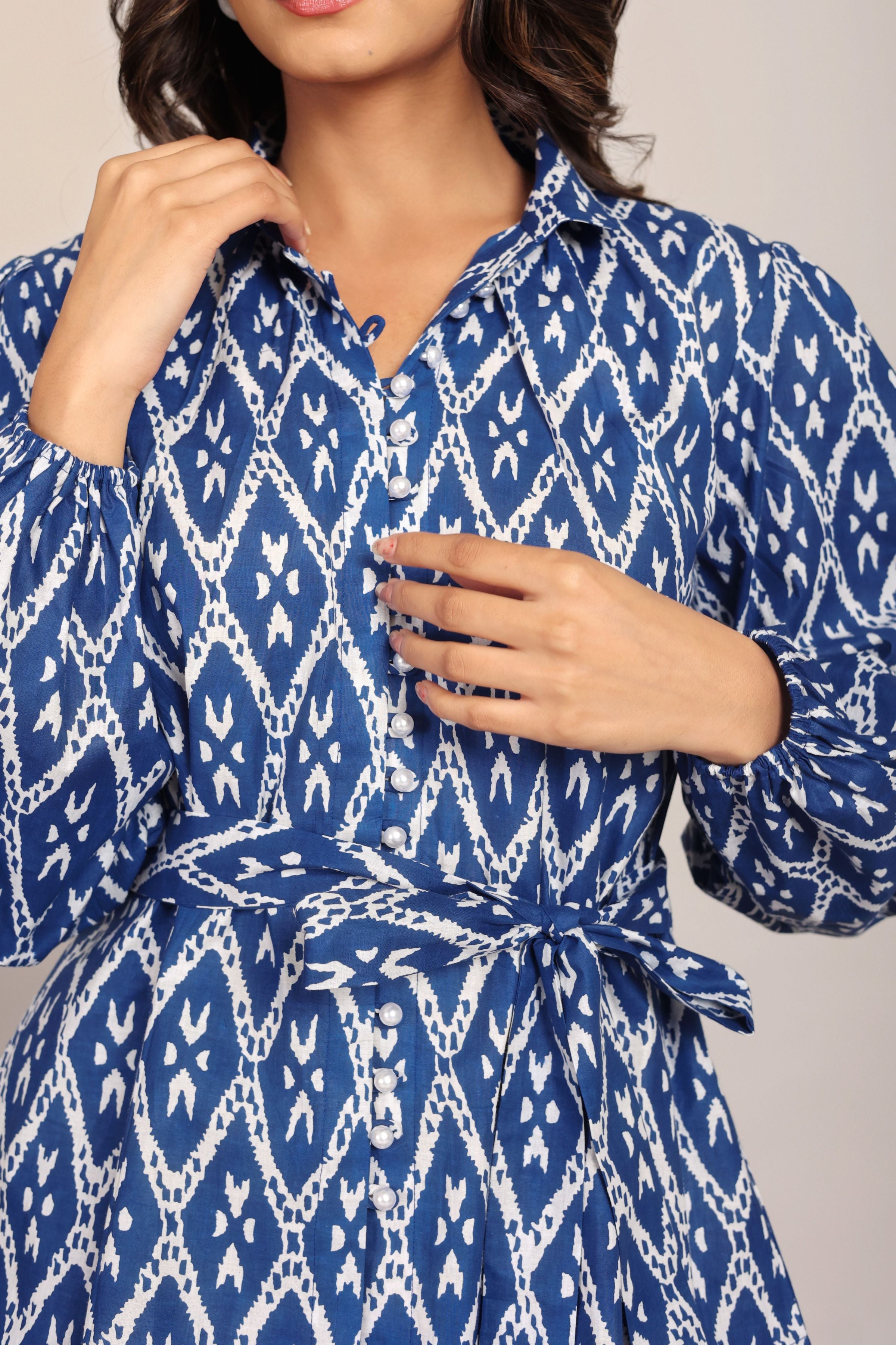 Blue and White Cord-Set Relaxed Shirt and Pant with Waist Tie Up Belt - Kaoribyshreya