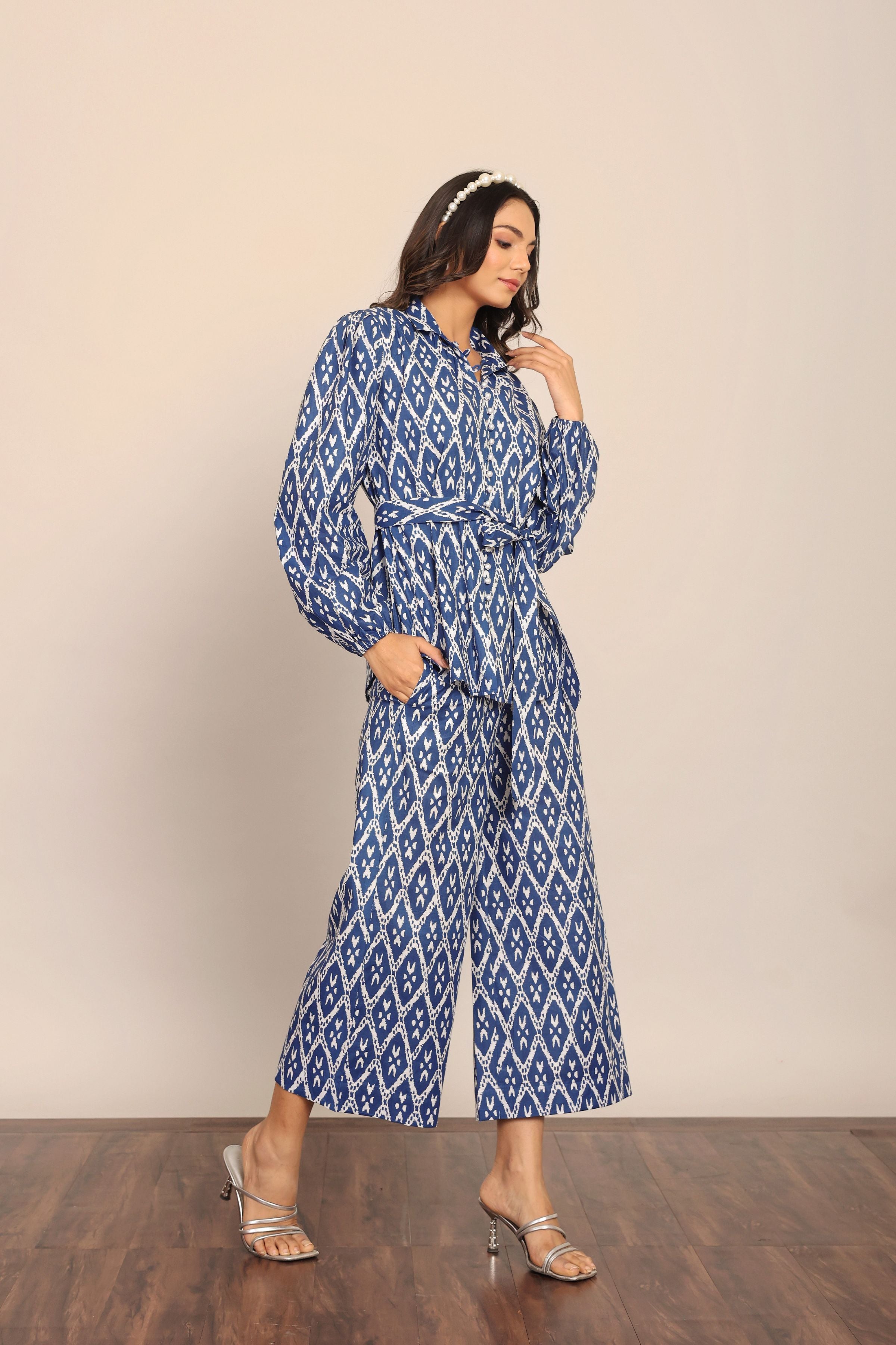 Blue and White Cord-Set Relaxed Shirt and Pant with Waist Tie Up Belt - Kaoribyshreya