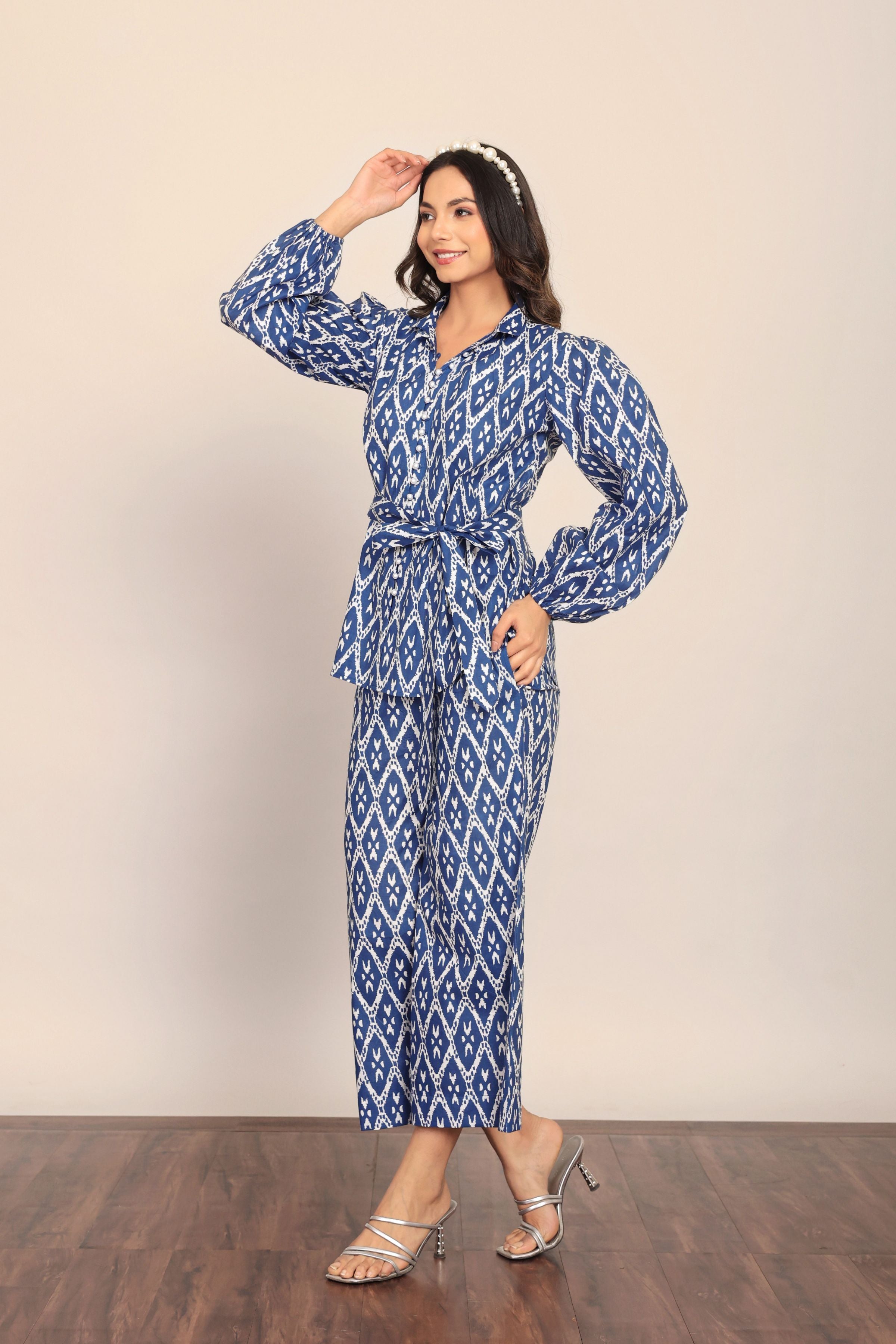 Blue and White Cord-Set Relaxed Shirt and Pant with Waist Tie Up Belt - Kaoribyshreya