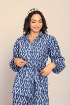 Blue and White Cord-Set Relaxed Shirt and Pant with Waist Tie Up Belt - Kaoribyshreya