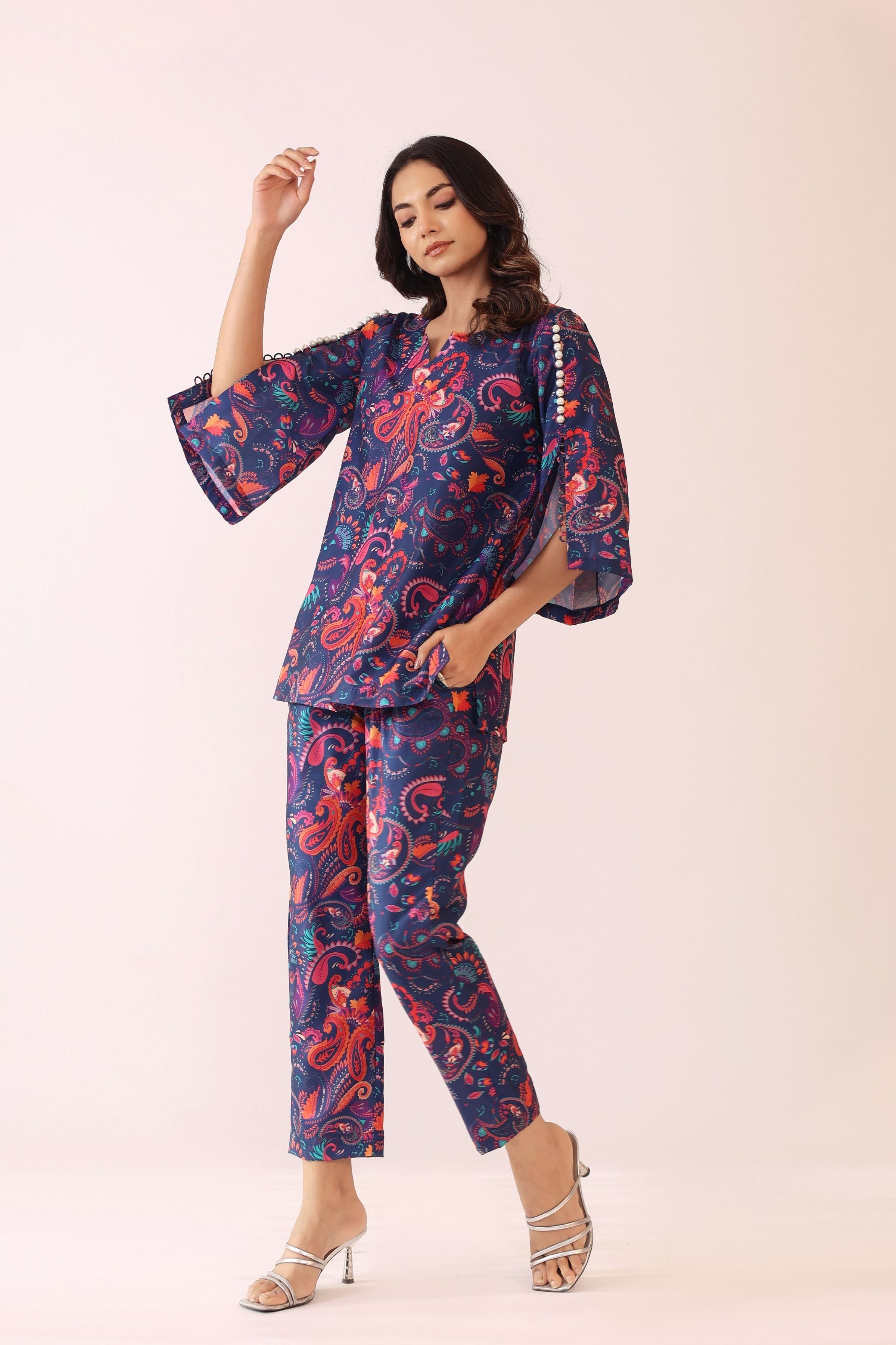 Blue and Pink  Printed Relaxed Cord-Set Top and Pant with 2 Pant Pockets - Kaoribyshreya