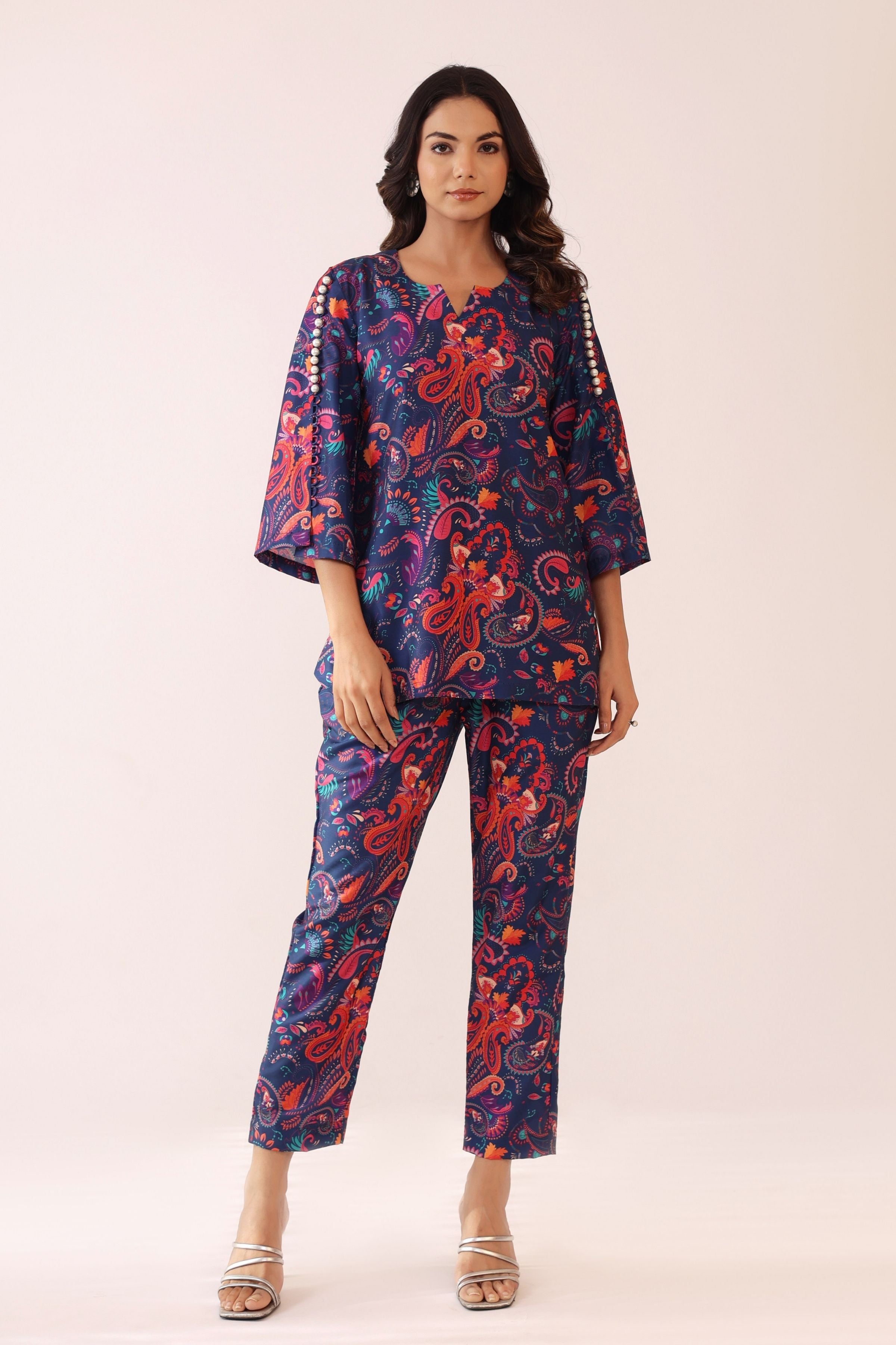 Blue and Pink  Printed Relaxed Cord-Set Top and Pant with 2 Pant Pockets - Kaoribyshreya
