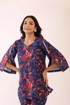 Blue and Pink  Printed Relaxed Cord-Set Top and Pant with 2 Pant Pockets - Kaoribyshreya
