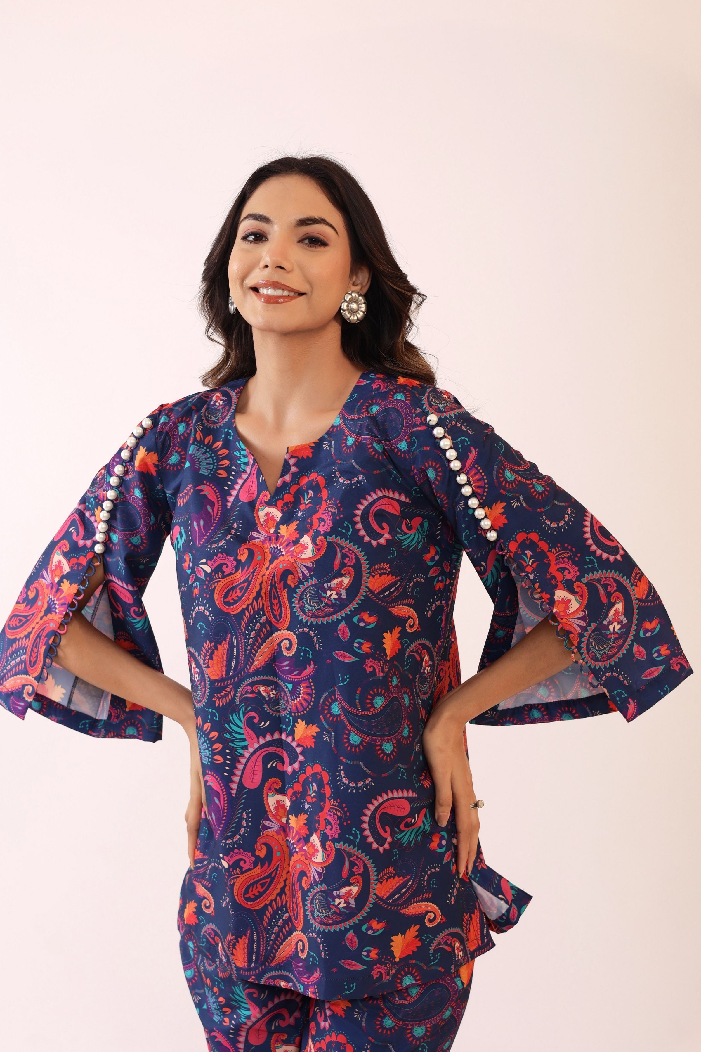 Blue and Pink  Printed Relaxed Cord-Set Top and Pant with 2 Pant Pockets - Kaoribyshreya