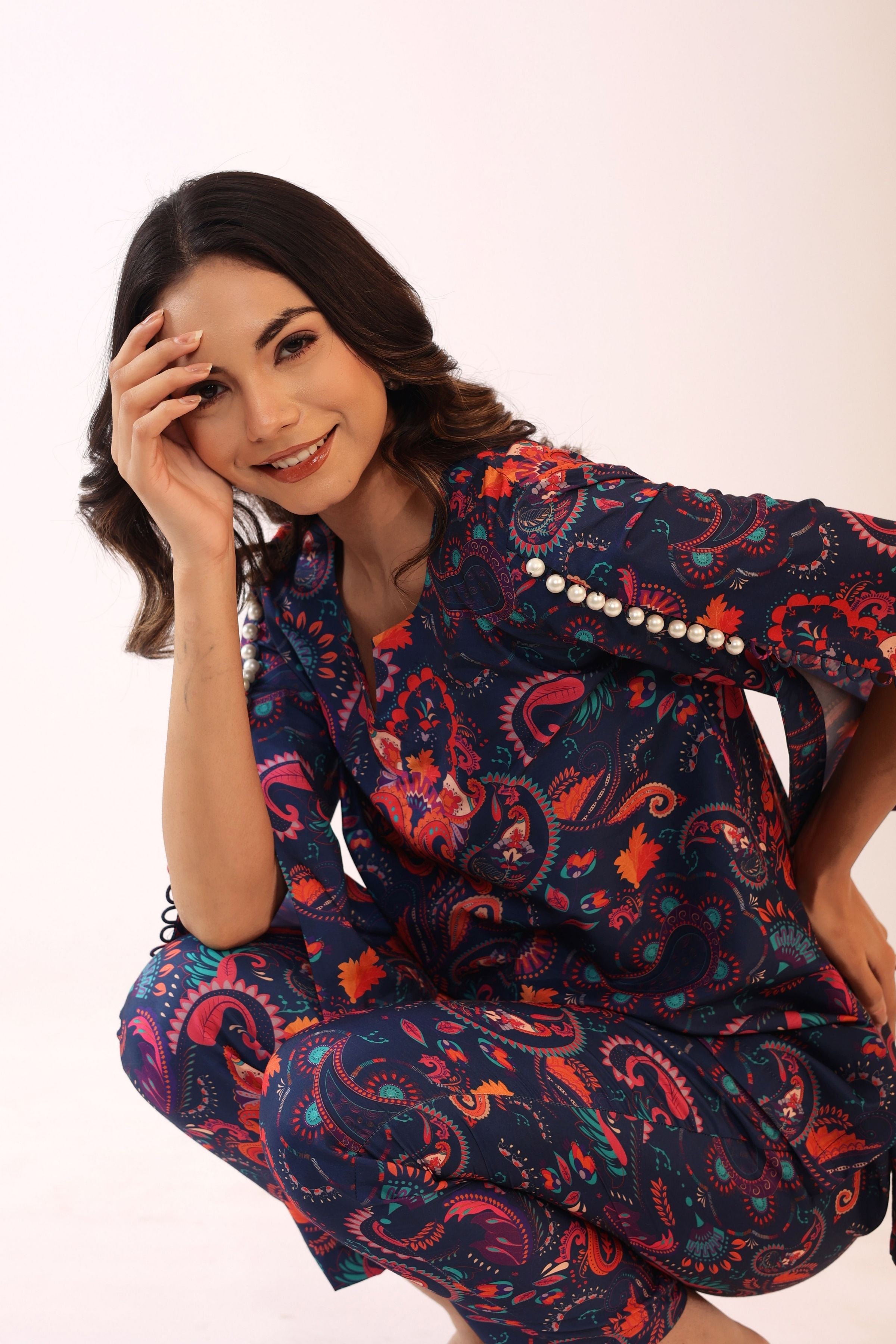 Blue and Pink  Printed Relaxed Cord-Set Top and Pant with 2 Pant Pockets - Kaoribyshreya