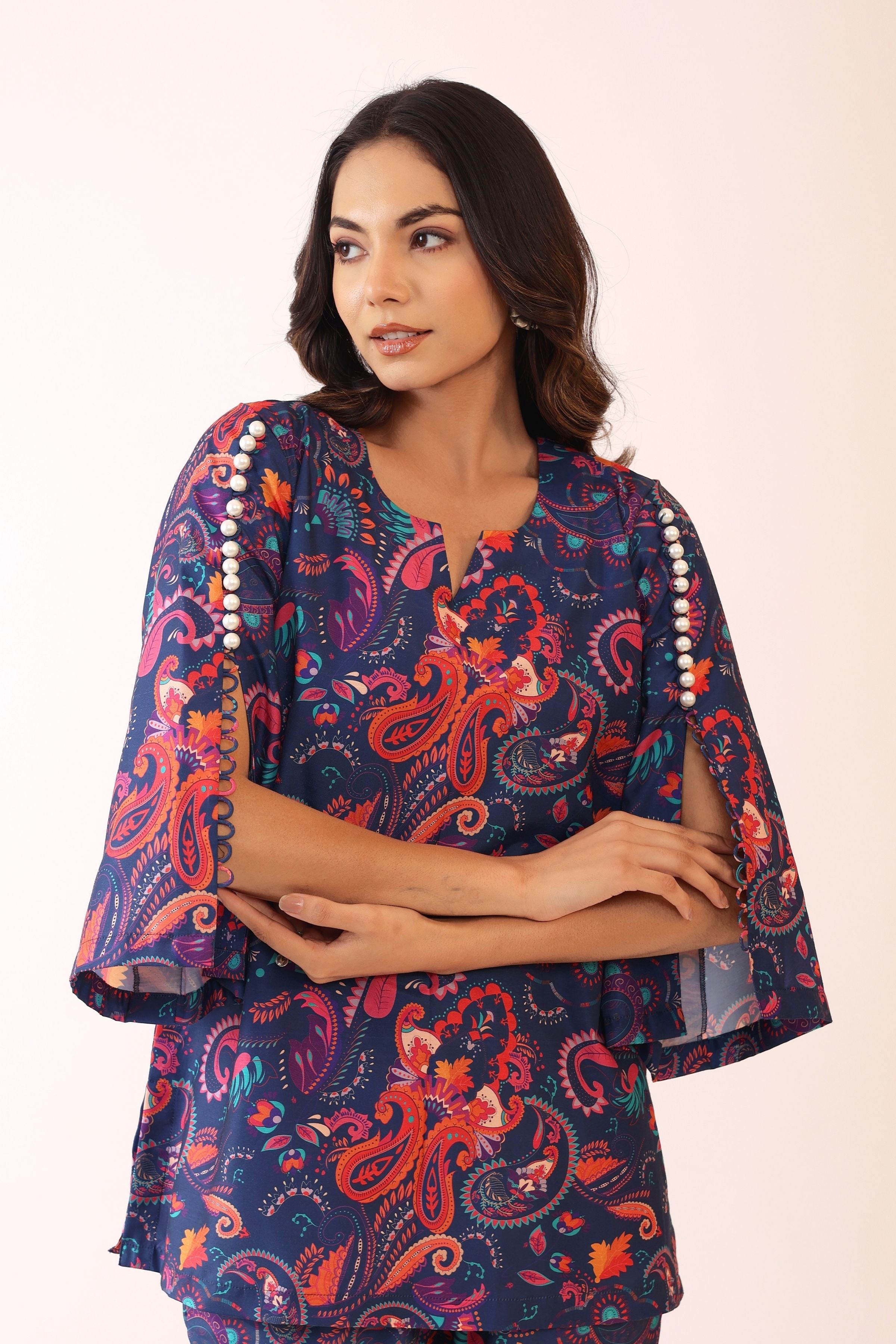 Blue and Pink  Printed Relaxed Cord-Set Top and Pant with 2 Pant Pockets - Kaoribyshreya