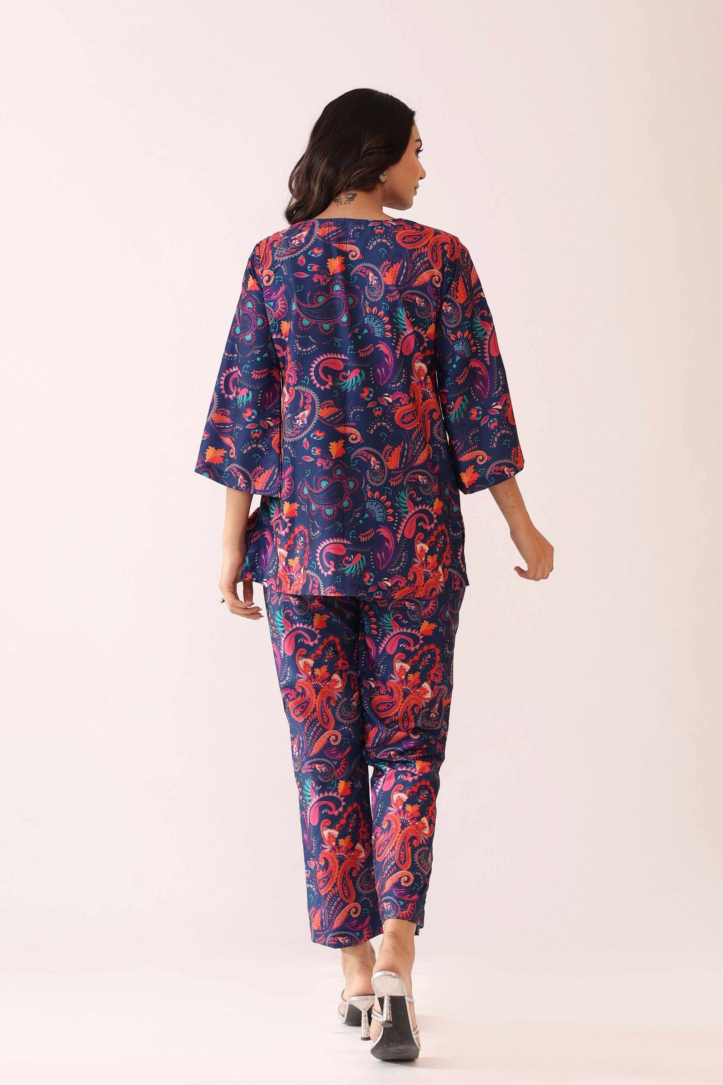Blue and Pink  Printed Relaxed Cord-Set Top and Pant with 2 Pant Pockets - Kaoribyshreya