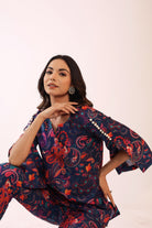 Blue and Pink  Printed Relaxed Cord-Set Top and Pant with 2 Pant Pockets - Kaoribyshreya
