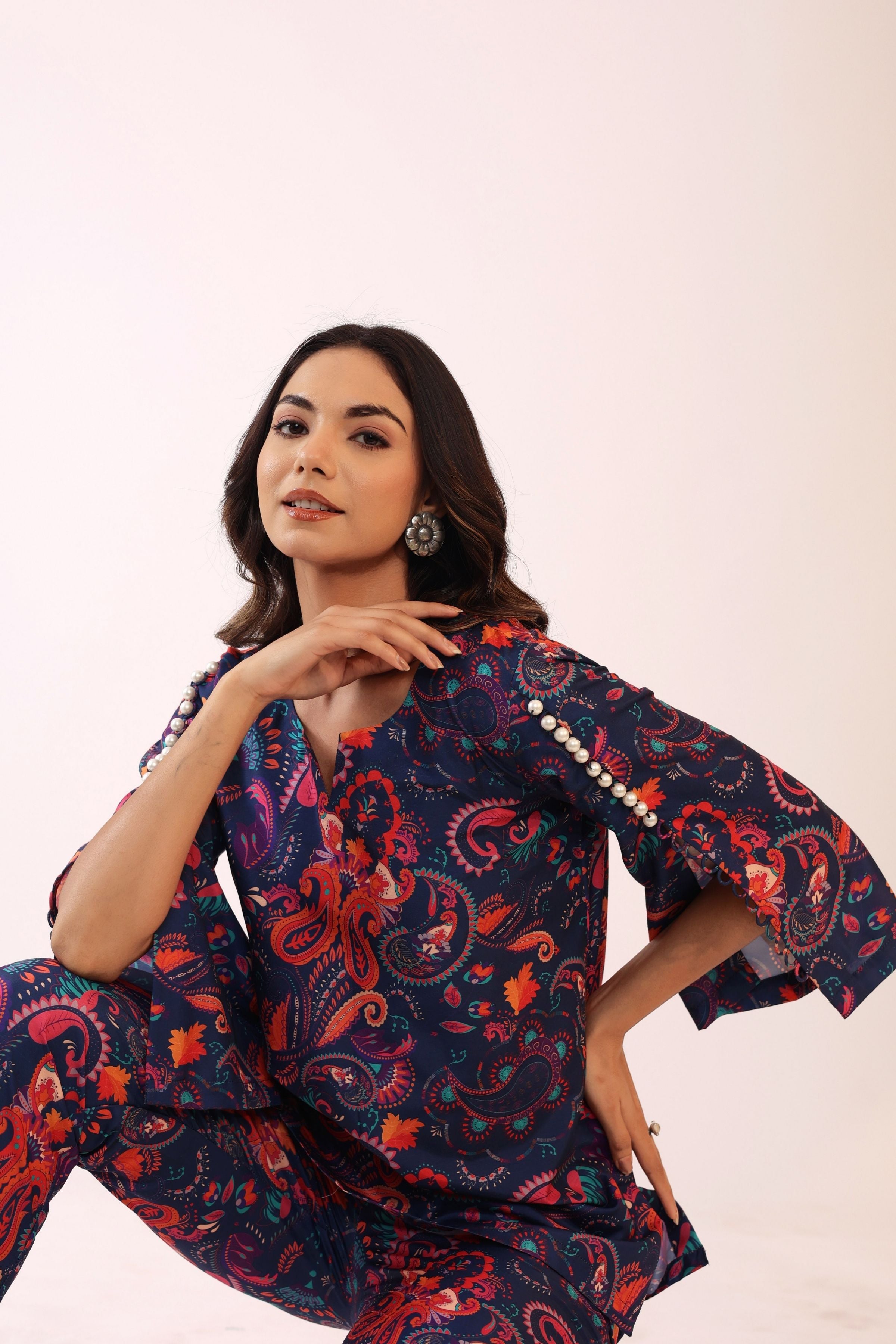 Blue and Pink  Printed Relaxed Cord-Set Top and Pant with 2 Pant Pockets - Kaoribyshreya