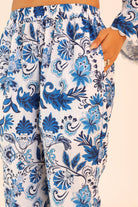Blue and White Floral Printed Western Cord-Set Relaxed Top and Pant - Kaoribyshreya
