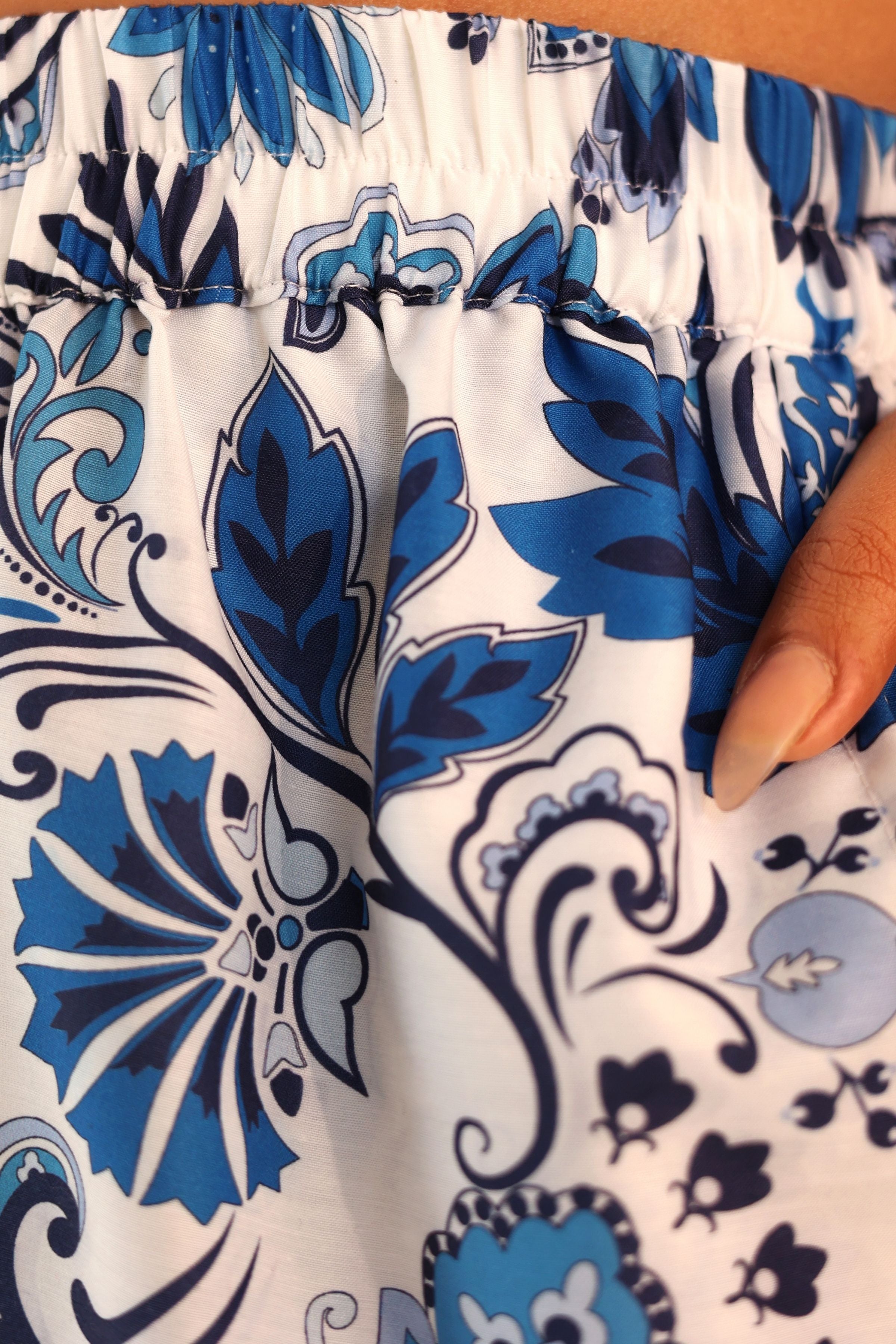 Blue and White Floral Printed Western Cord-Set Relaxed Top and Pant - Kaoribyshreya