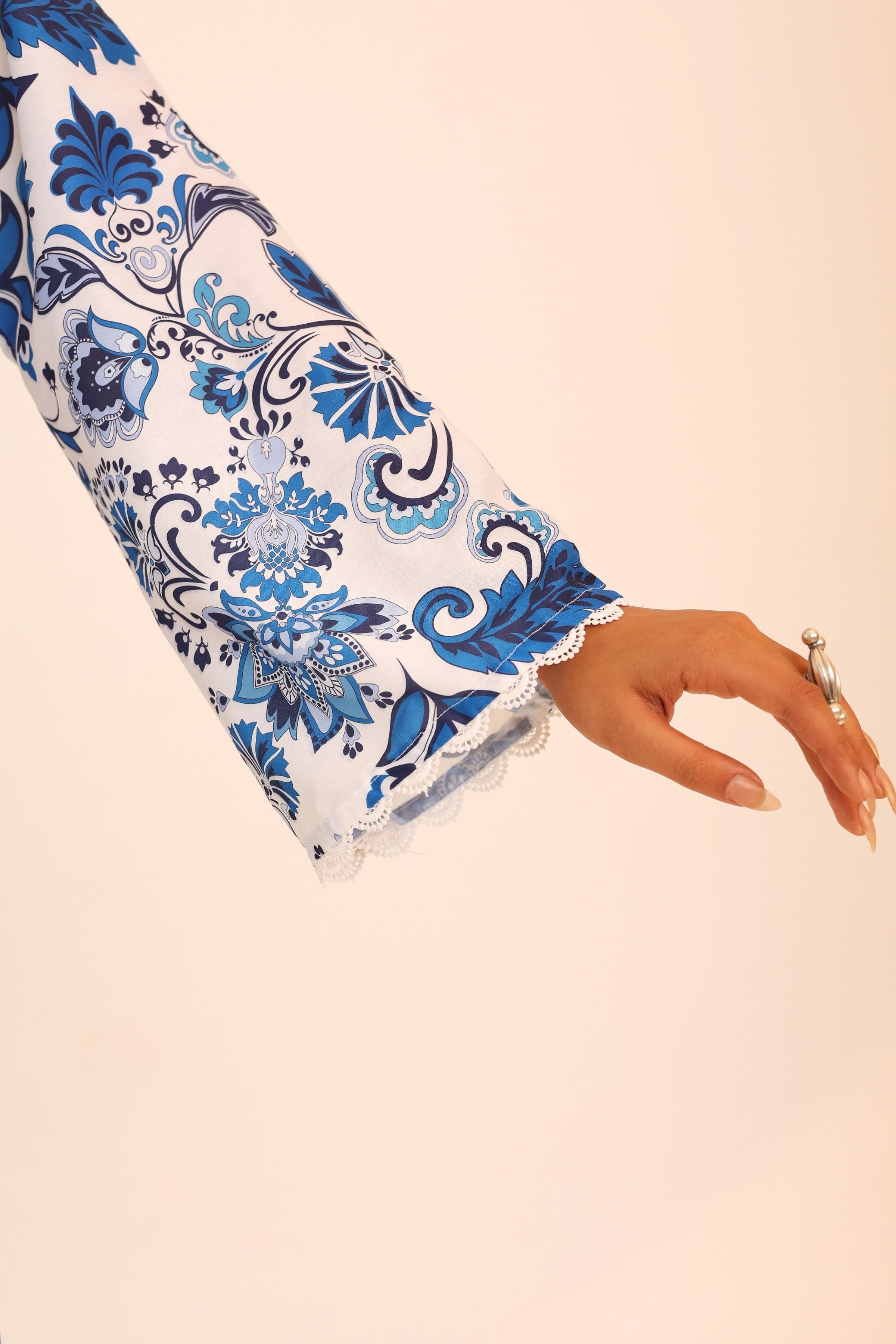 Blue and White Floral Printed Western Cord-Set Relaxed Top and Pant - Kaoribyshreya