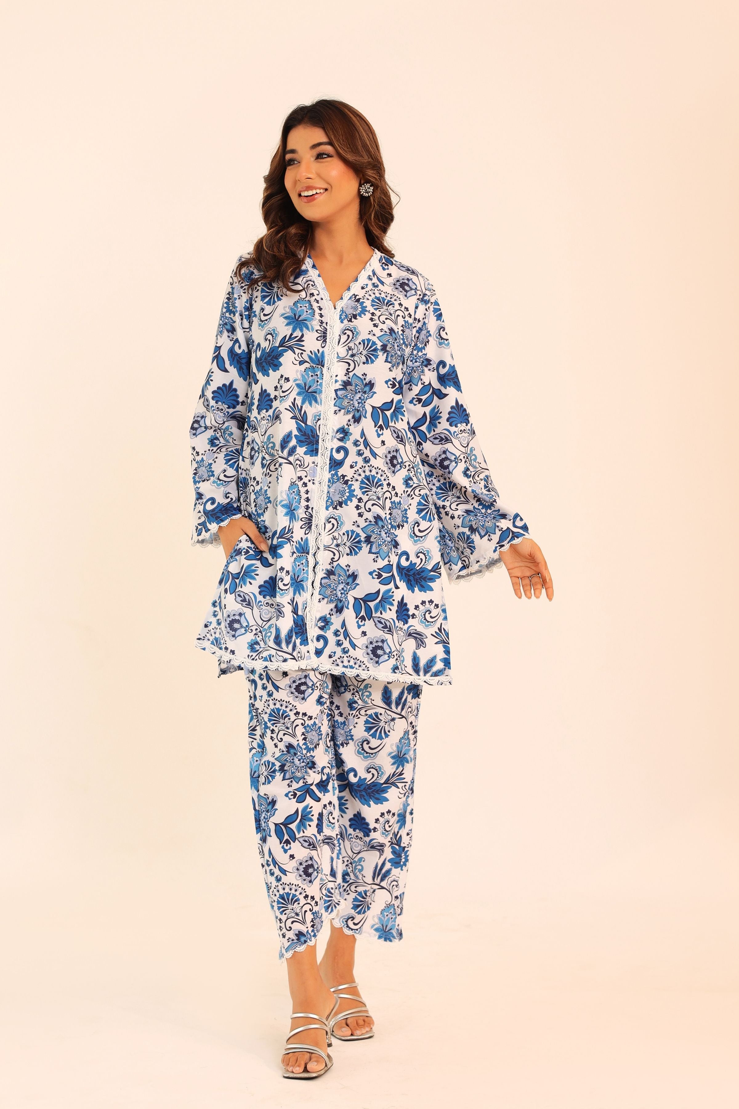 Blue and White Floral Printed Western Cord-Set Relaxed Top and Pant - Kaoribyshreya