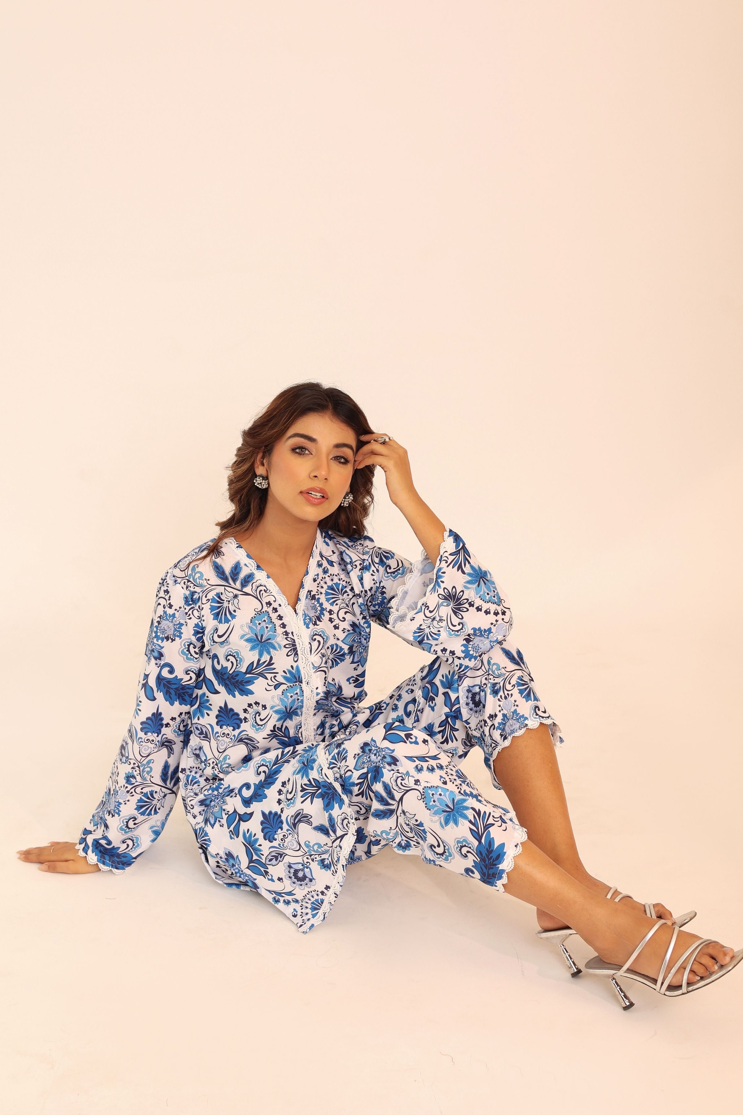 Blue and White Floral Printed Western Cord-Set Relaxed Top and Pant - Kaoribyshreya